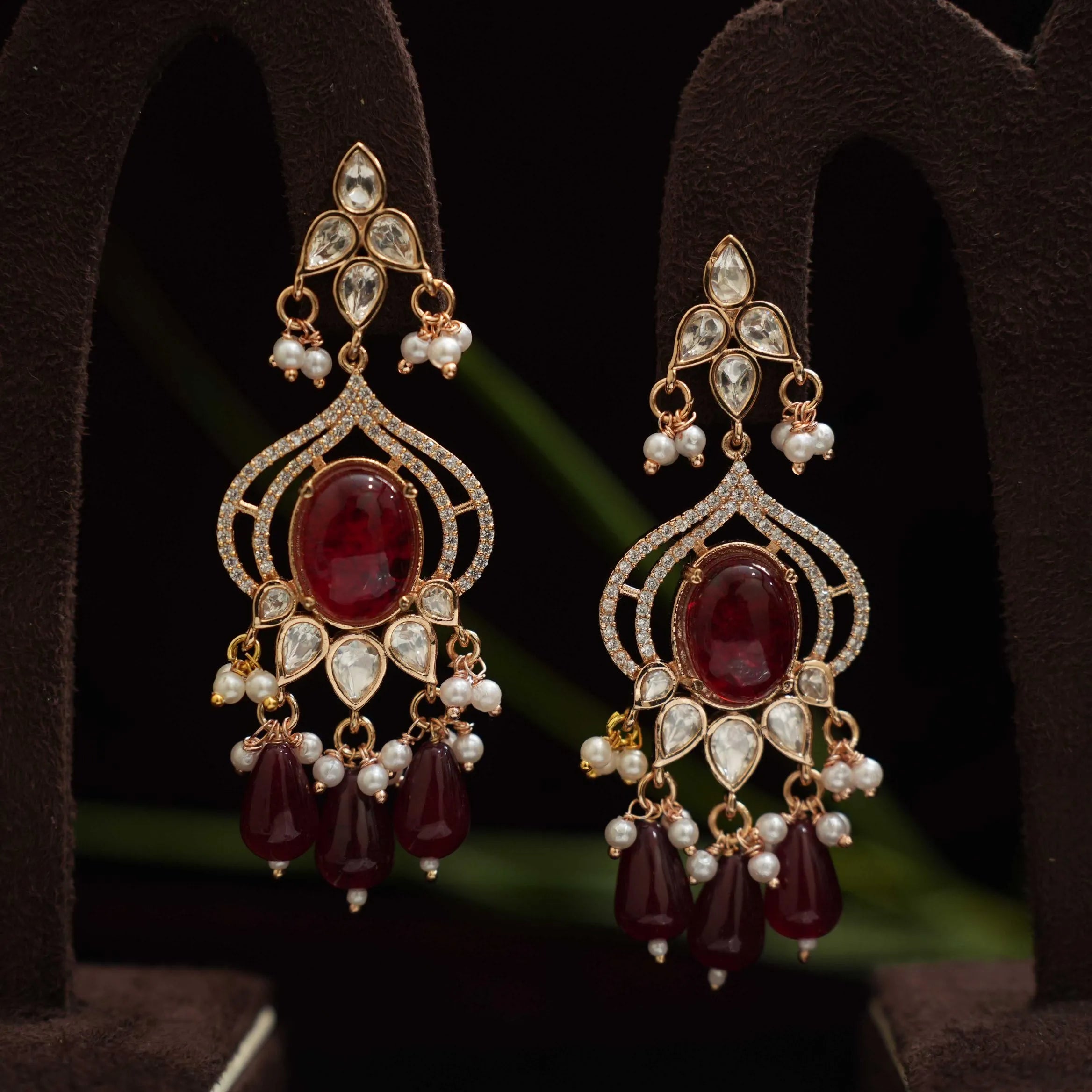 Kuvira Polki Designer Earrings - Red