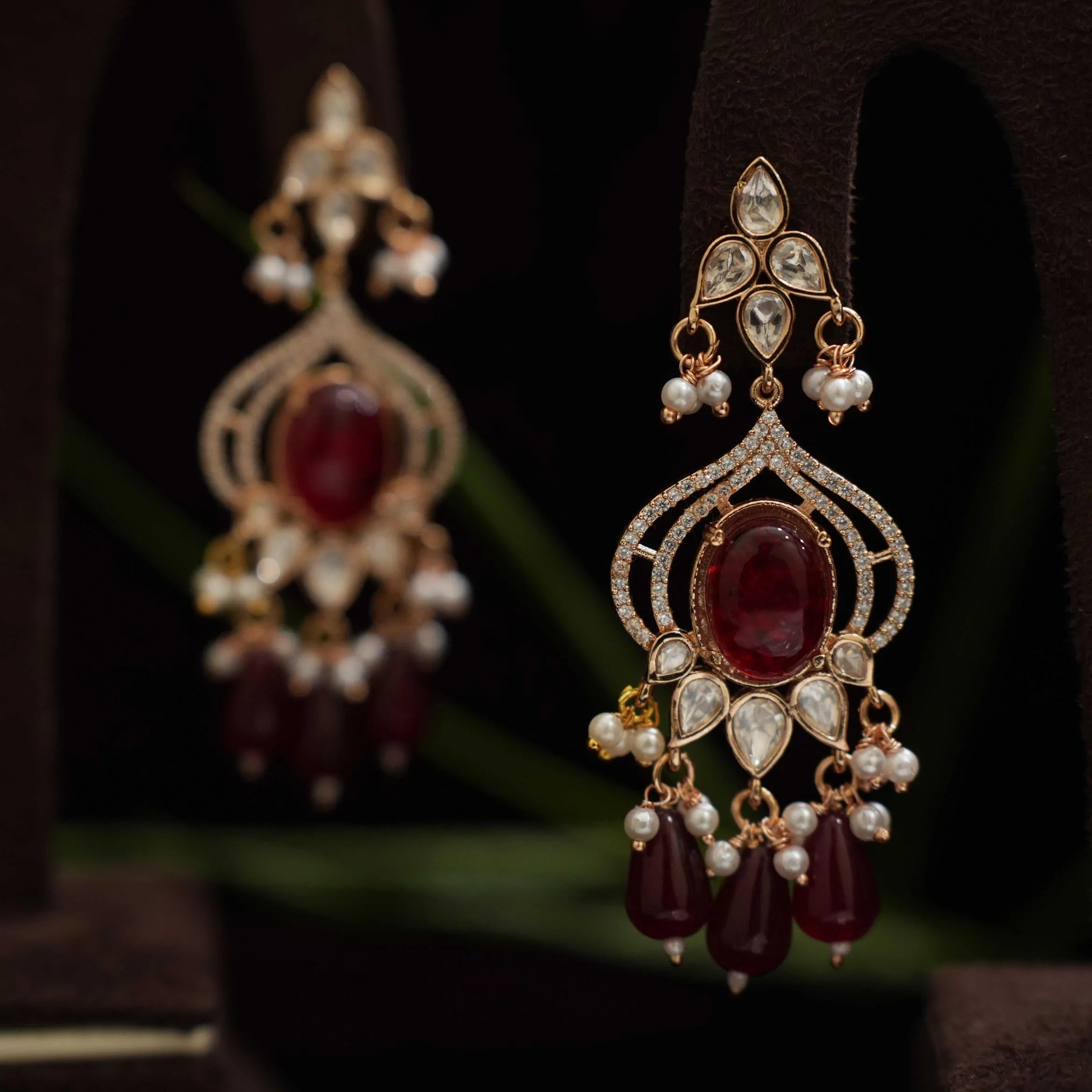 Kuvira Polki Designer Earrings - Red