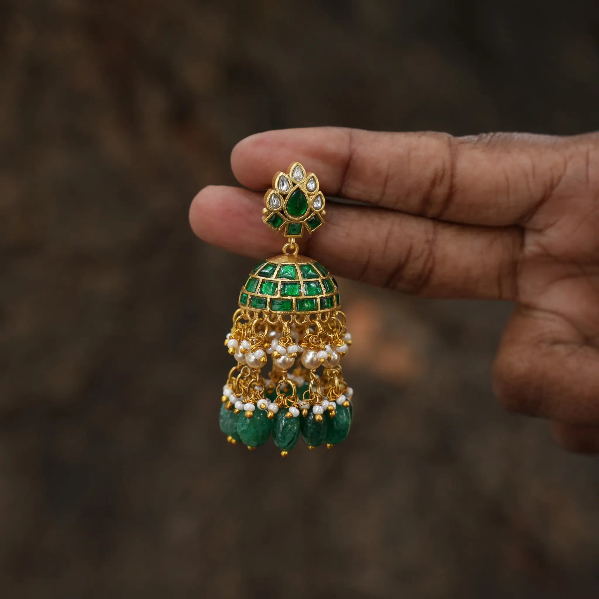 Leena Polki Jhumka Earrings - Green