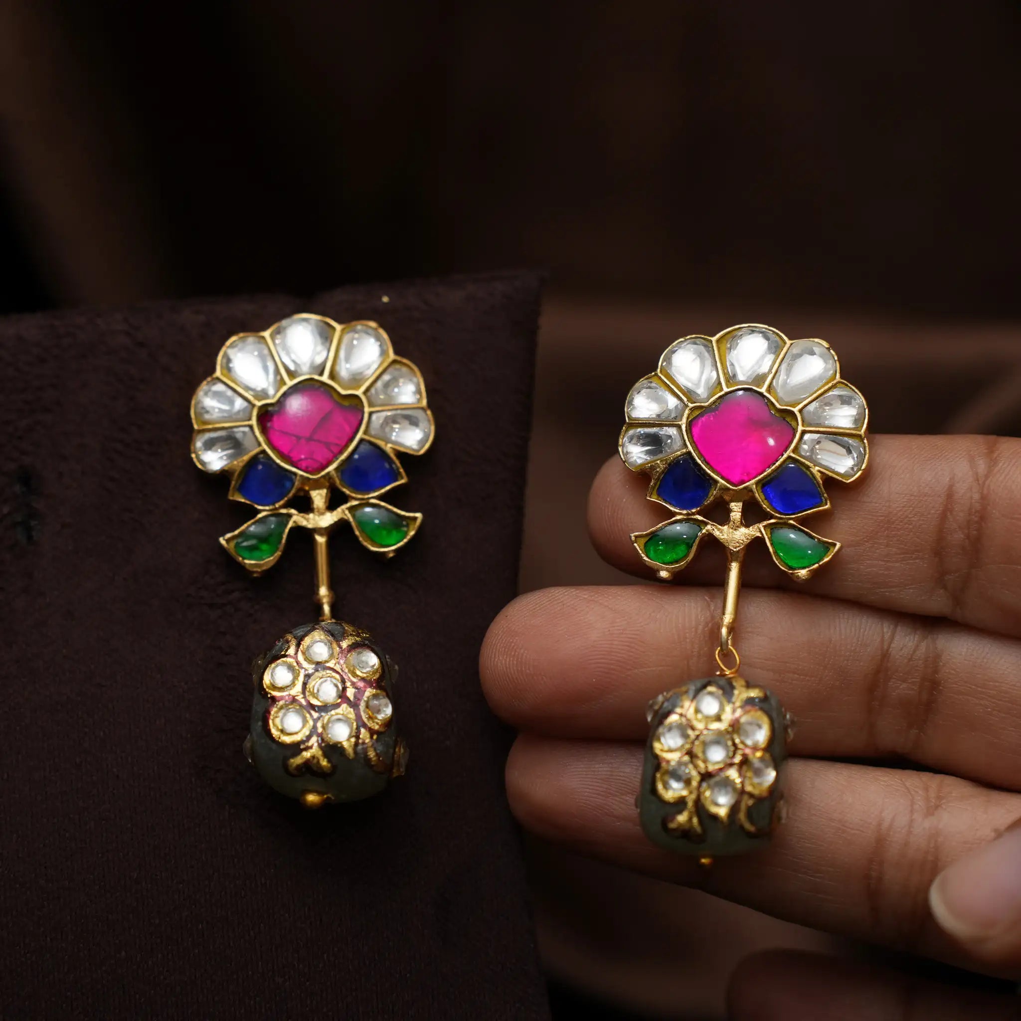 Lila Polki Designer Earrings - Green