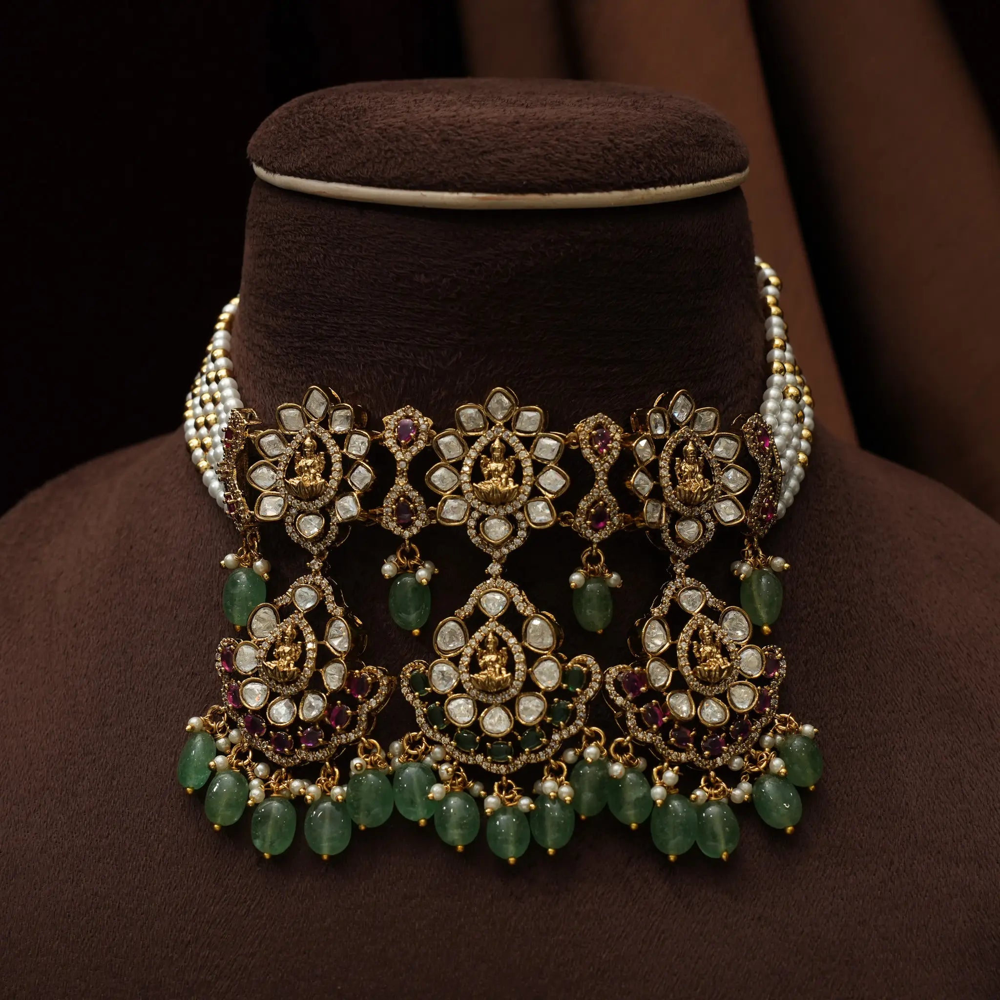 Lina Beaded Polki Choker - Green Beads