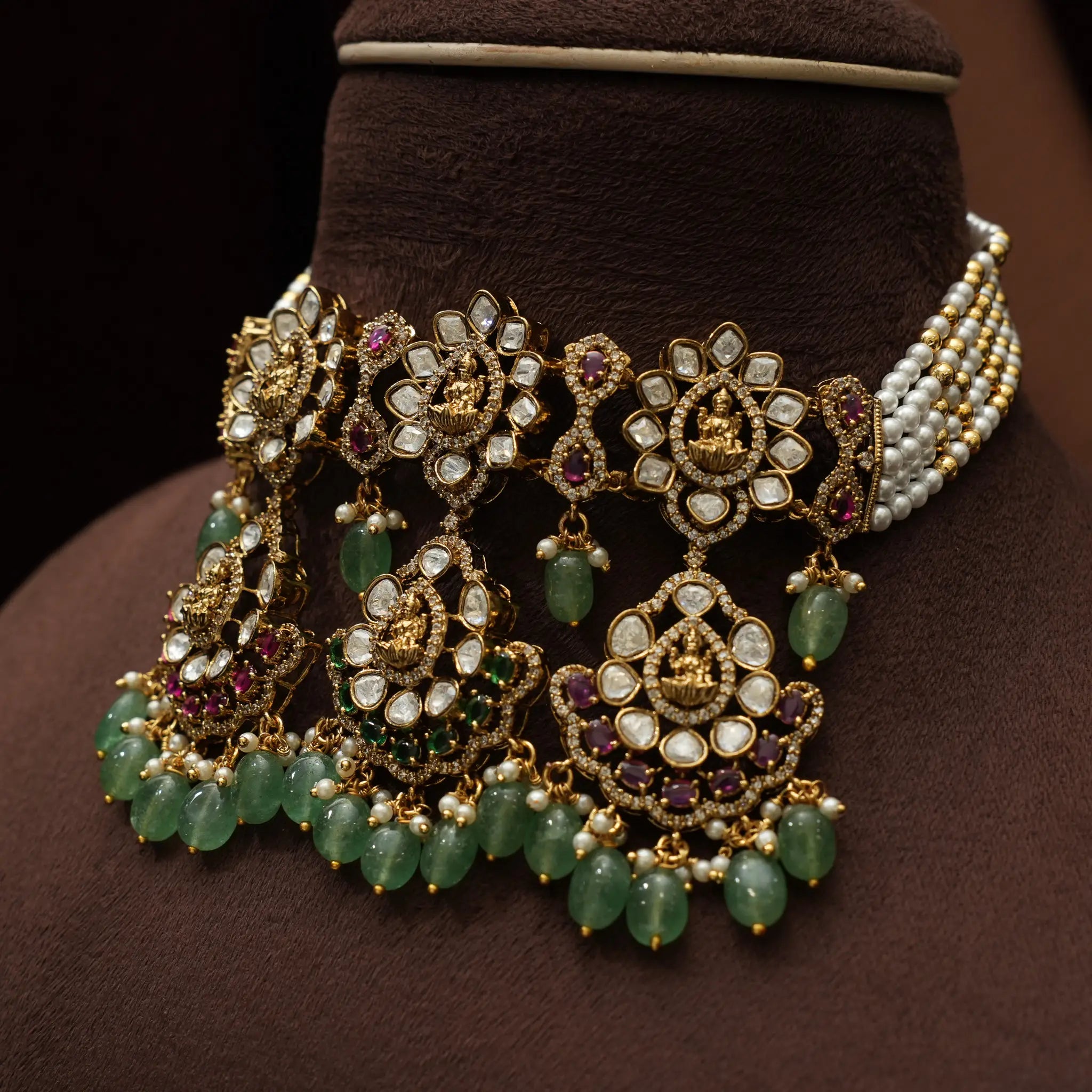 Lina Beaded Polki Choker - Green Beads