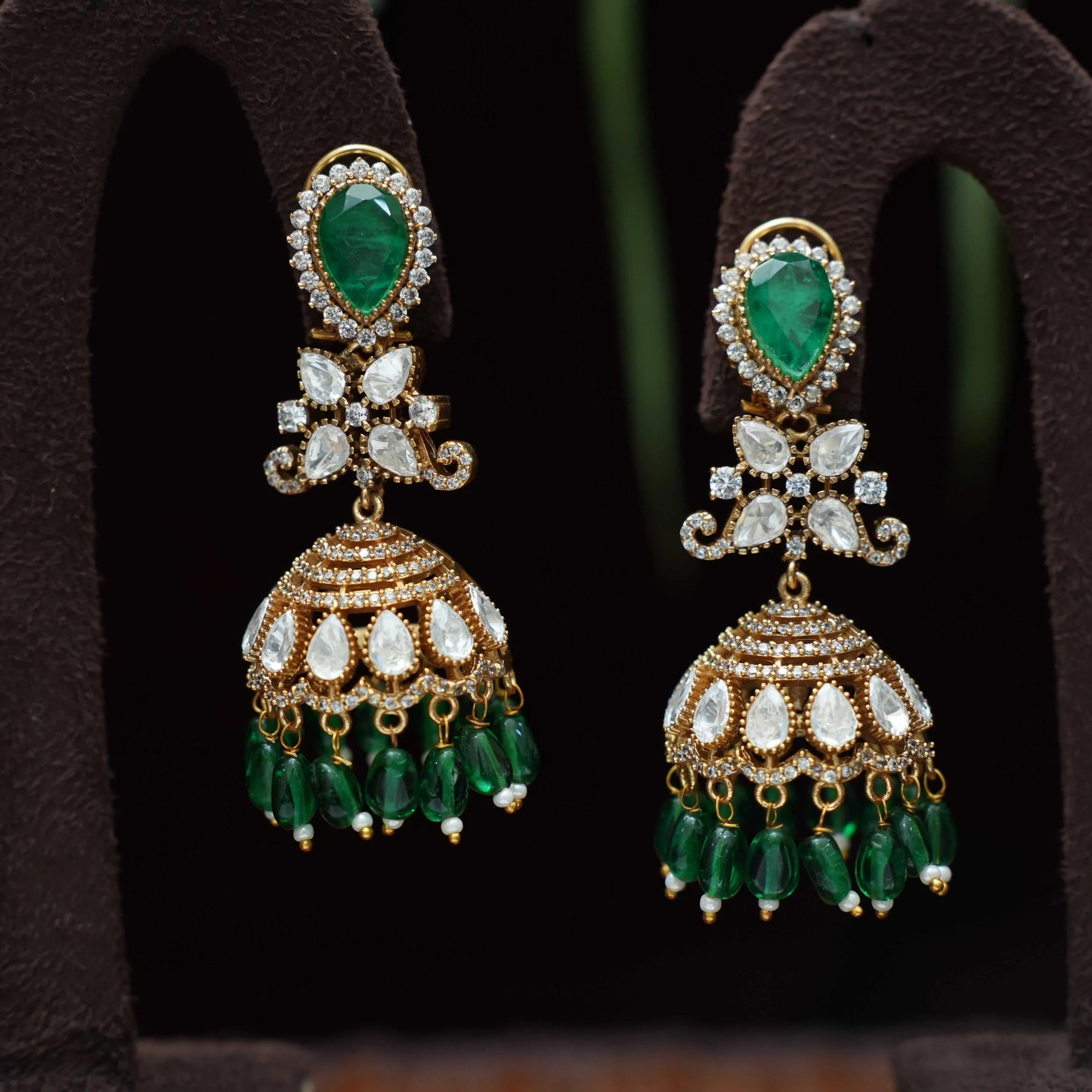 Madeeha Polki Jhumka Earrings - Dark Green