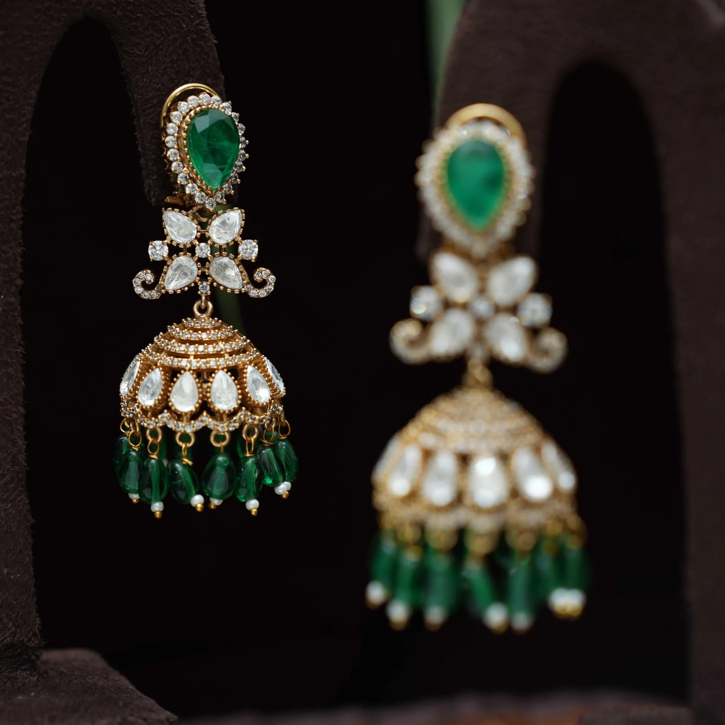 Madeeha Polki Jhumka Earrings - Dark Green