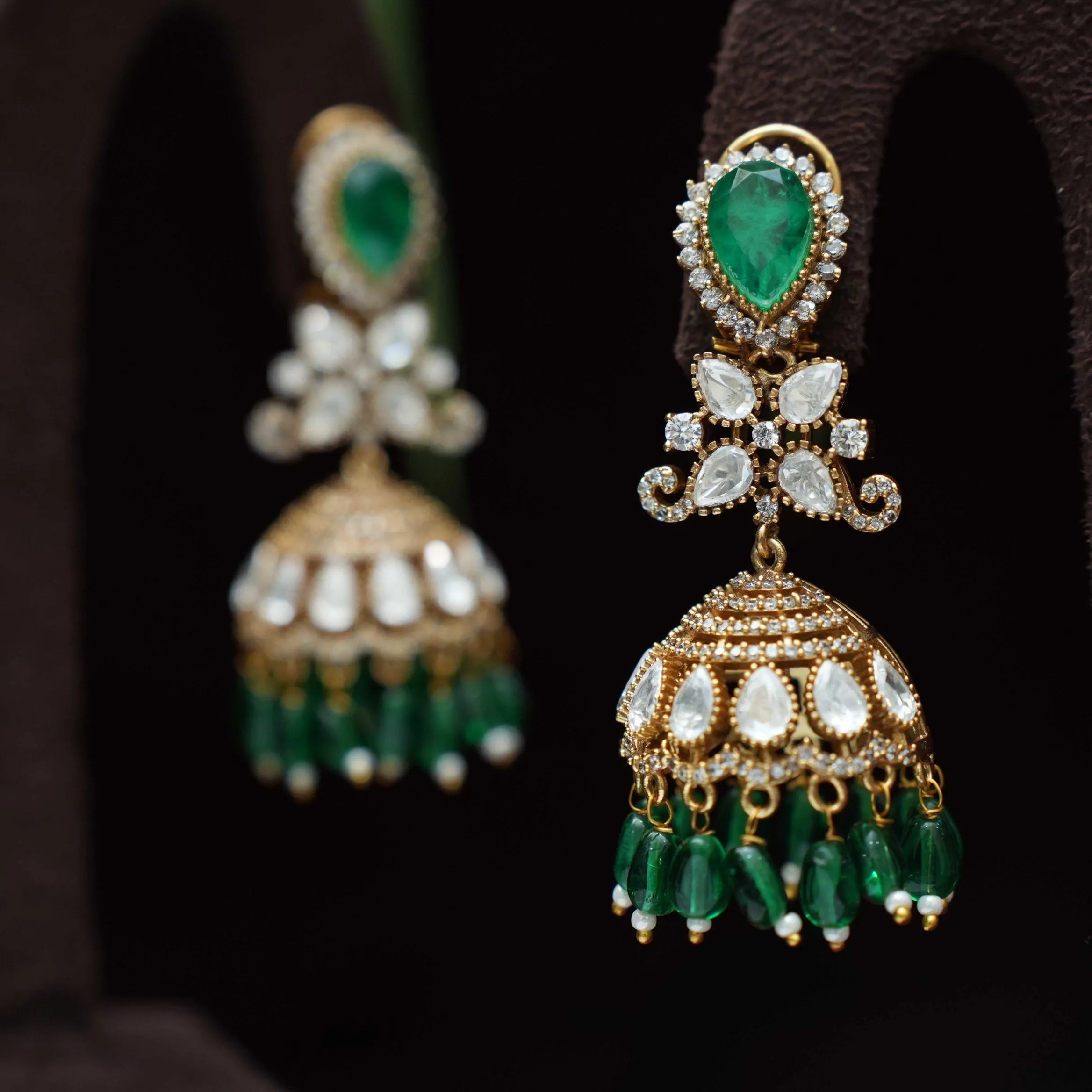 Madeeha Polki Jhumka Earrings - Dark Green