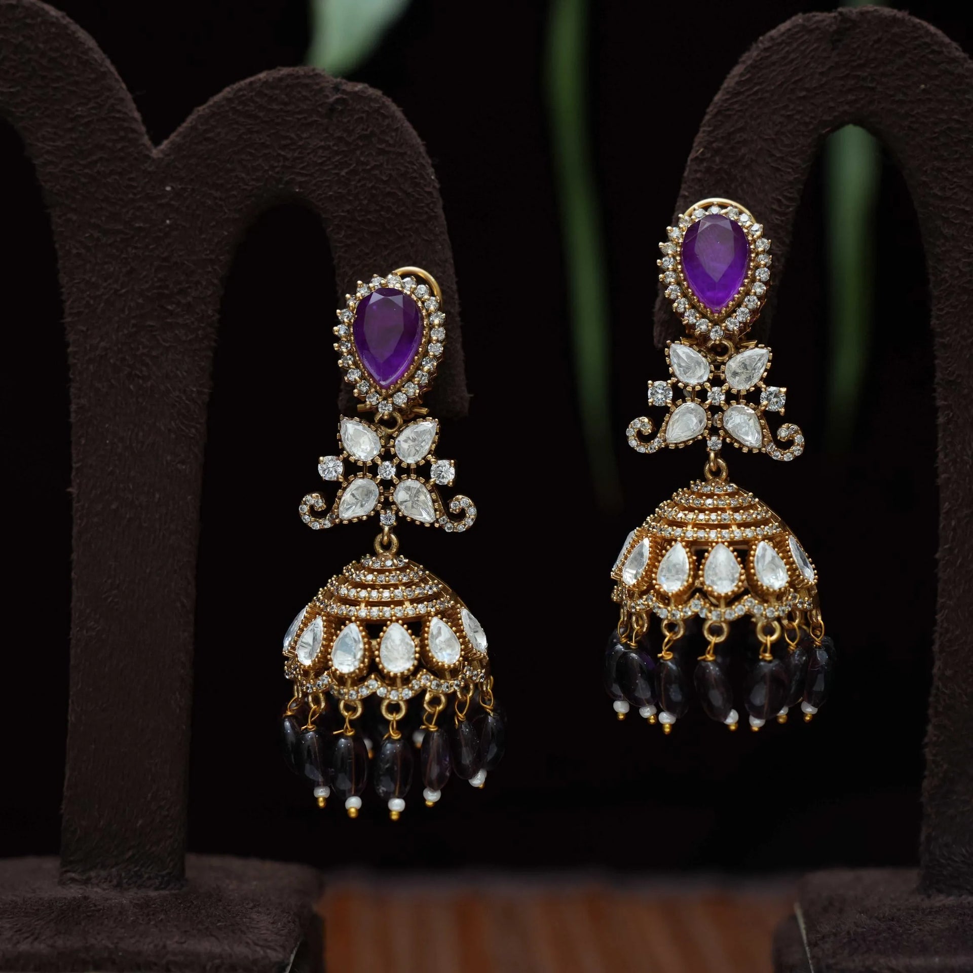 Madeeha Polki Jhumka Earrings Purple - Main Image