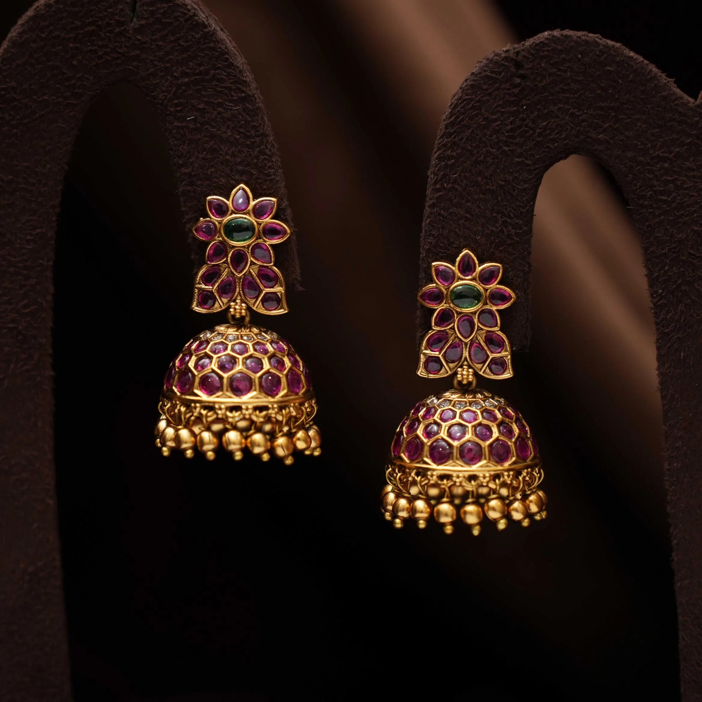 Madhuja Antique Jhumka Earrings - Red & Green