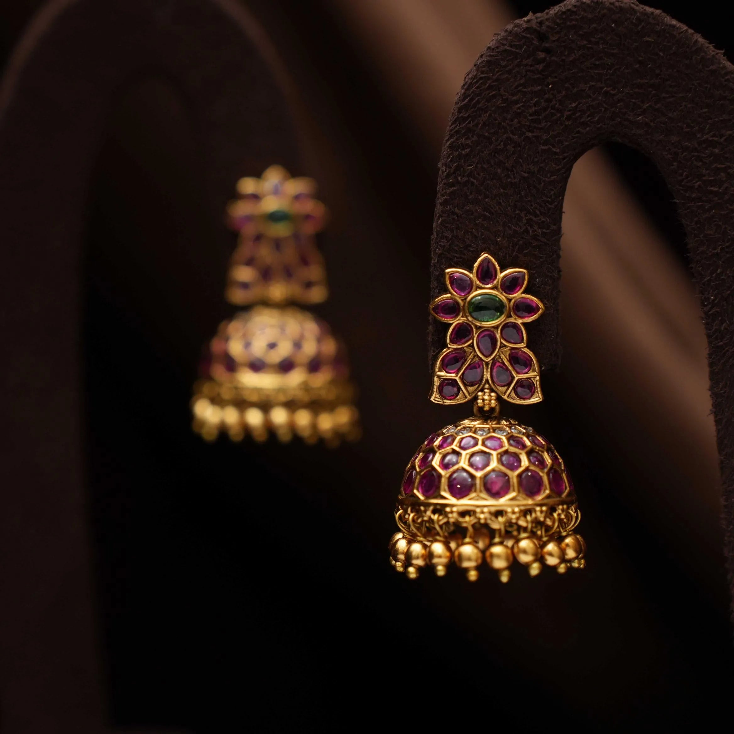 Madhuja Antique Jhumka Earrings - Red & Green