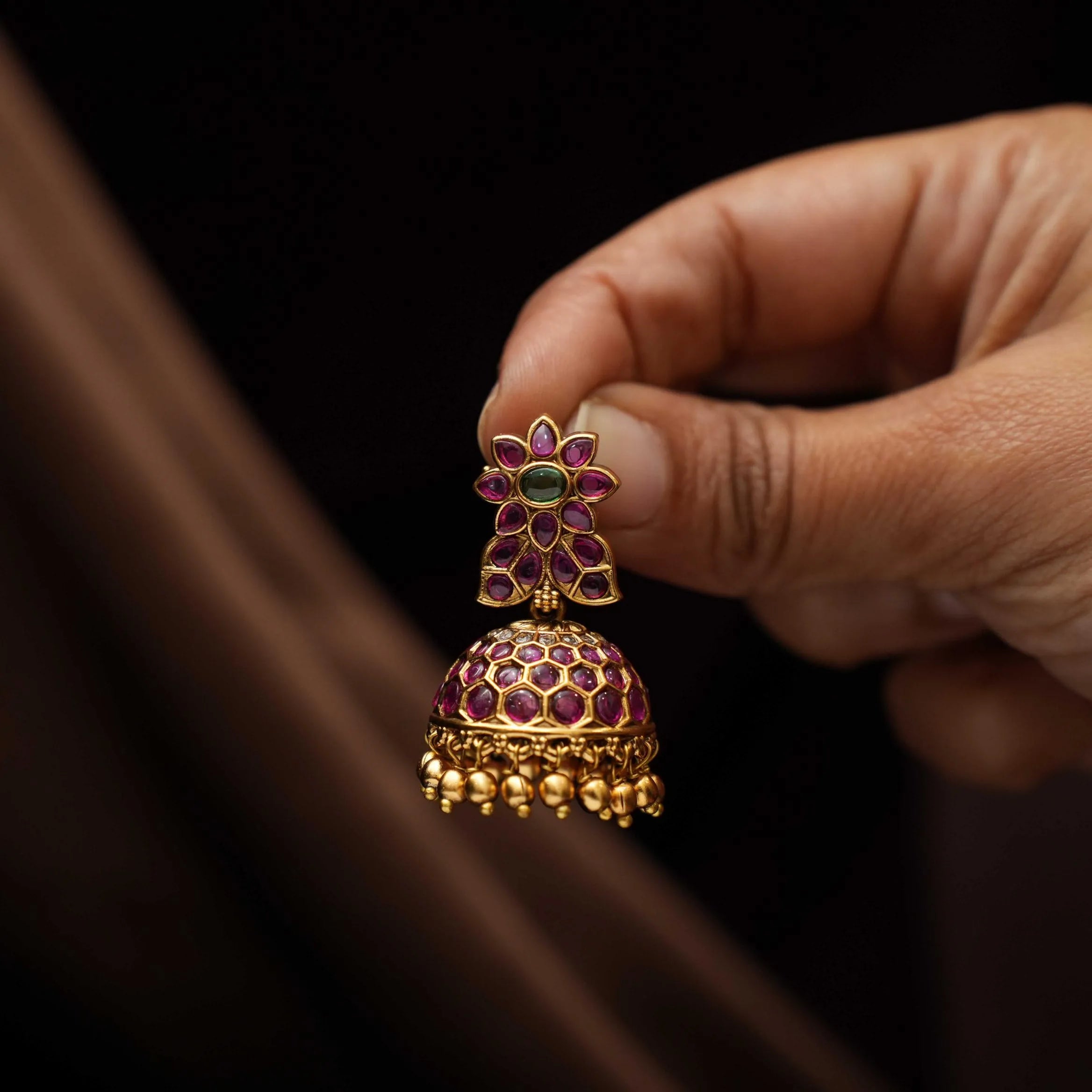 Madhuja Antique Jhumka Earrings - Red & Green