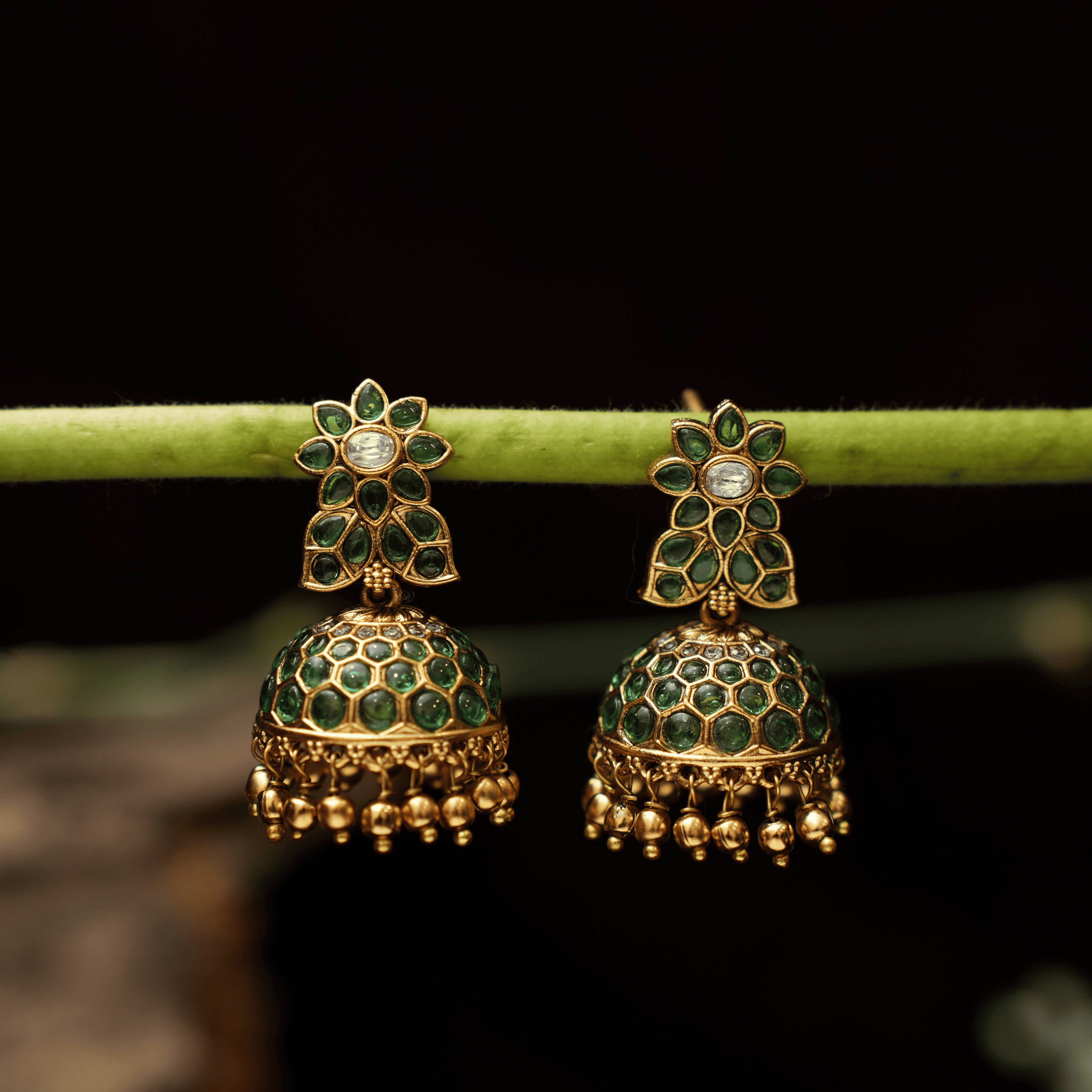 Madhuja Antique Jhumka Earrings - Green