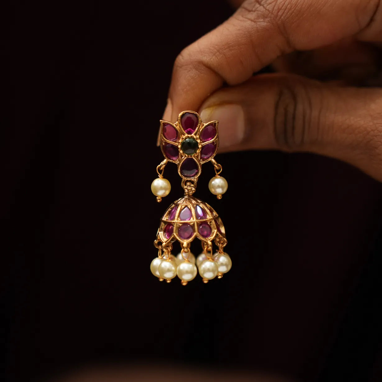 Malati Antique Jhumka Earrings - Red & Green