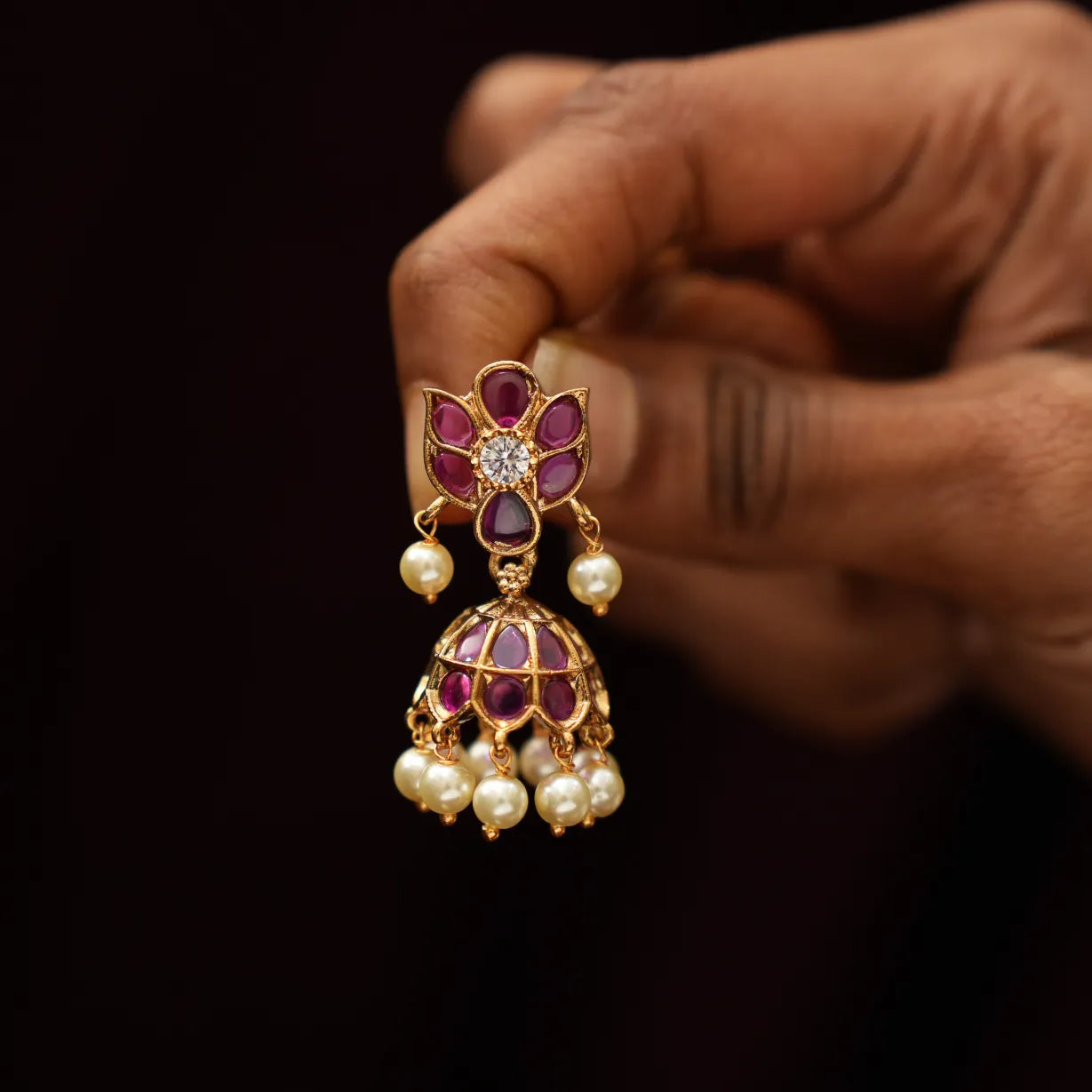 Malati Antique Jhumka Earrings - Red & White