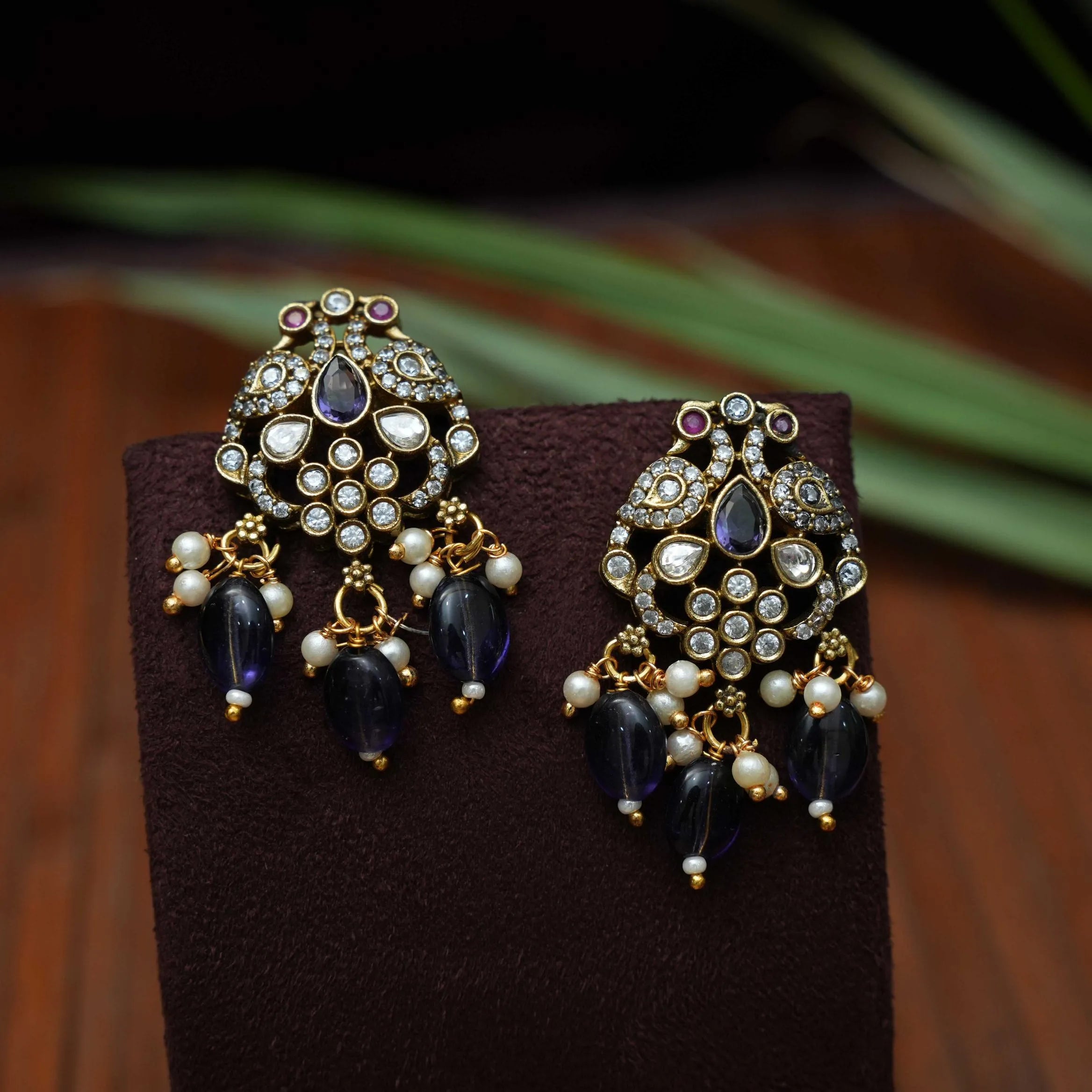 Malini Victorian Polki Earrings - Purple