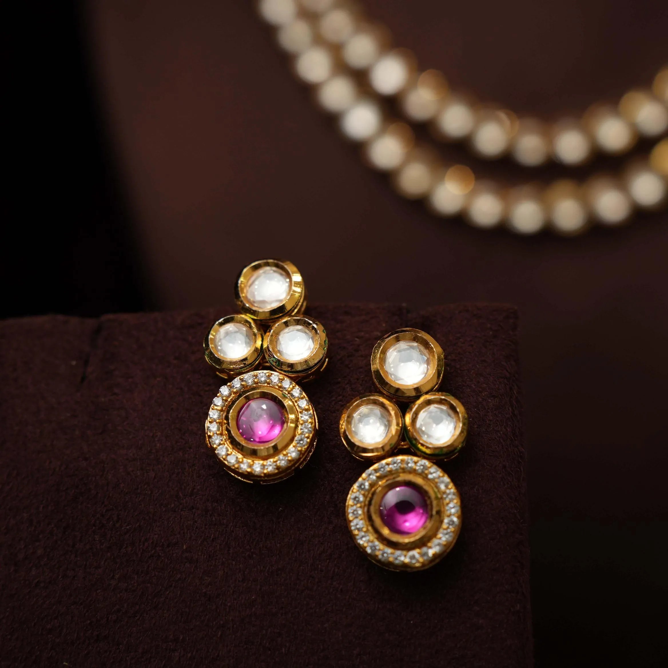 Amara Kundan Ear Stud - Reddish Pink - Rimli Boutique