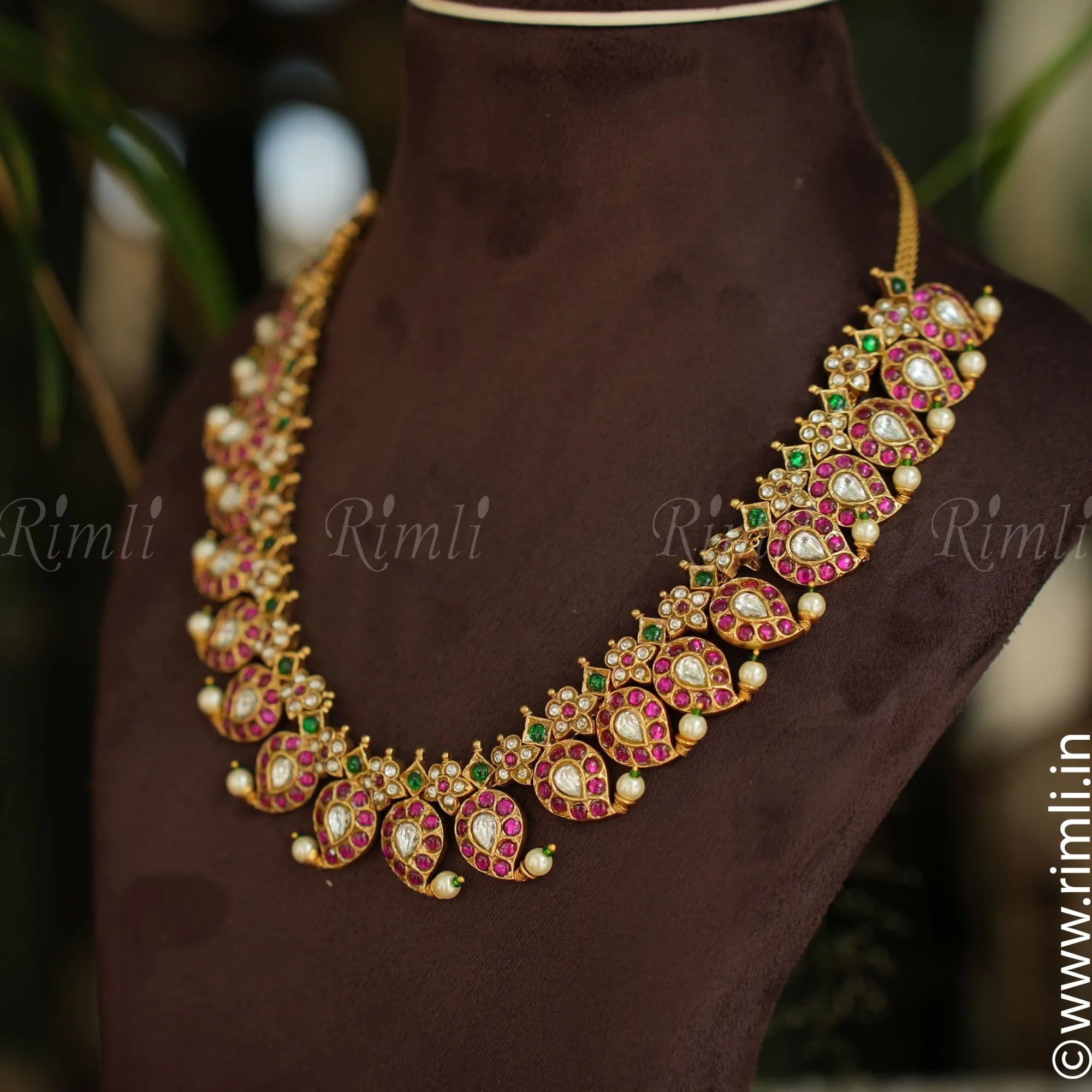 Mango Necklace Set with Pinkish Red and Green