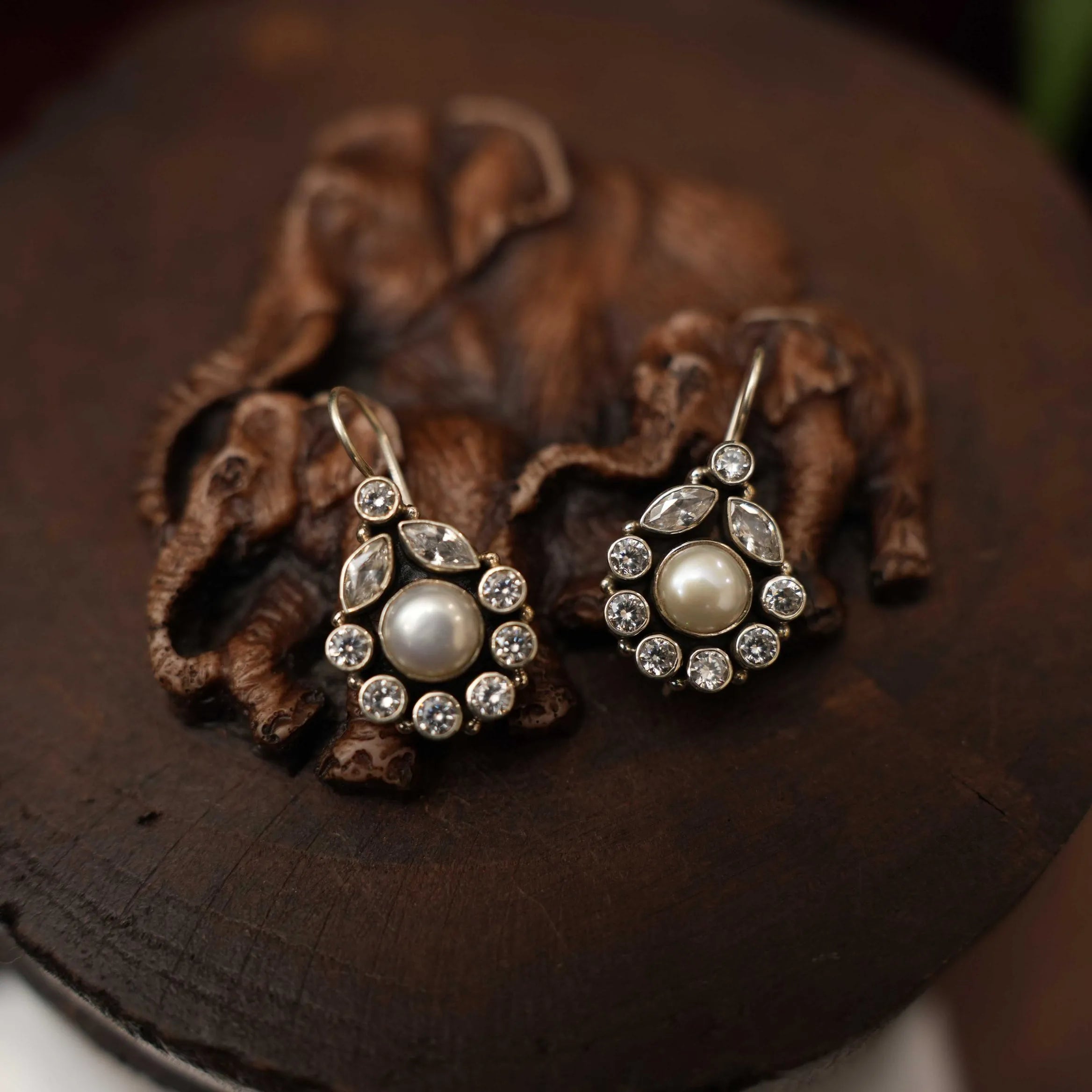 Misha Silver Oxidized Earrings - Pearl