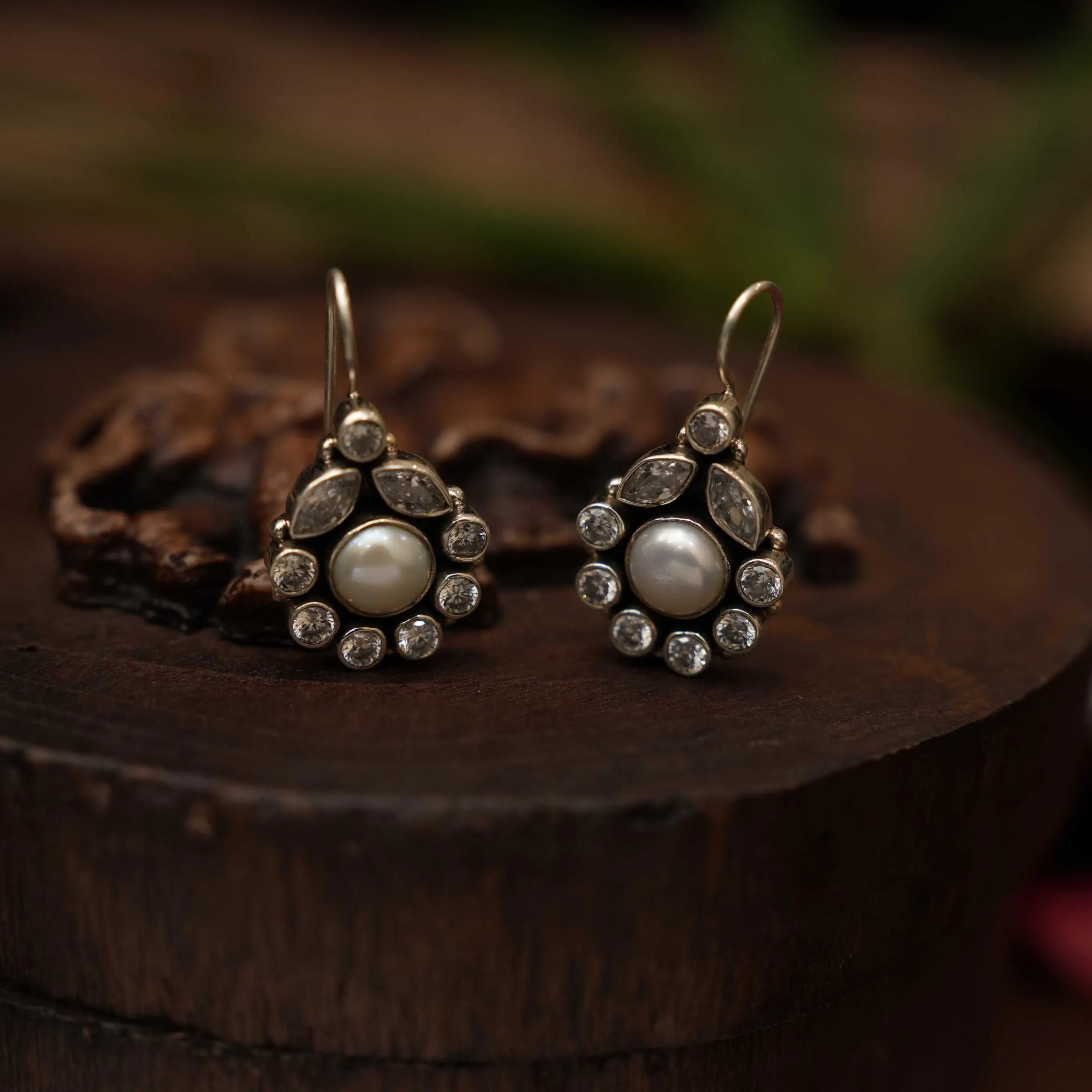 Misha Silver Oxidized Earrings - Pearl