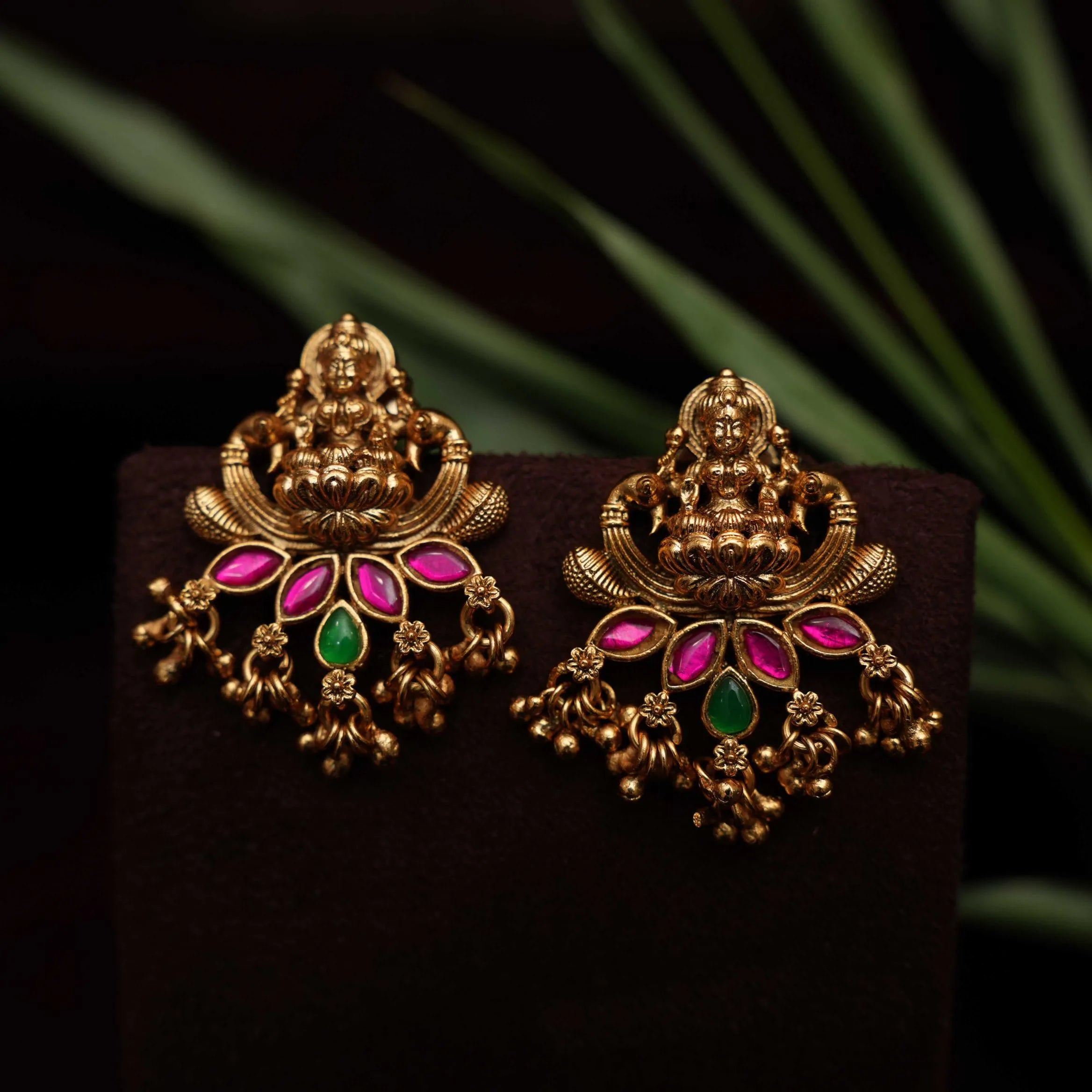 Mohana Antique Ear Stud - Reddish Pink & Green