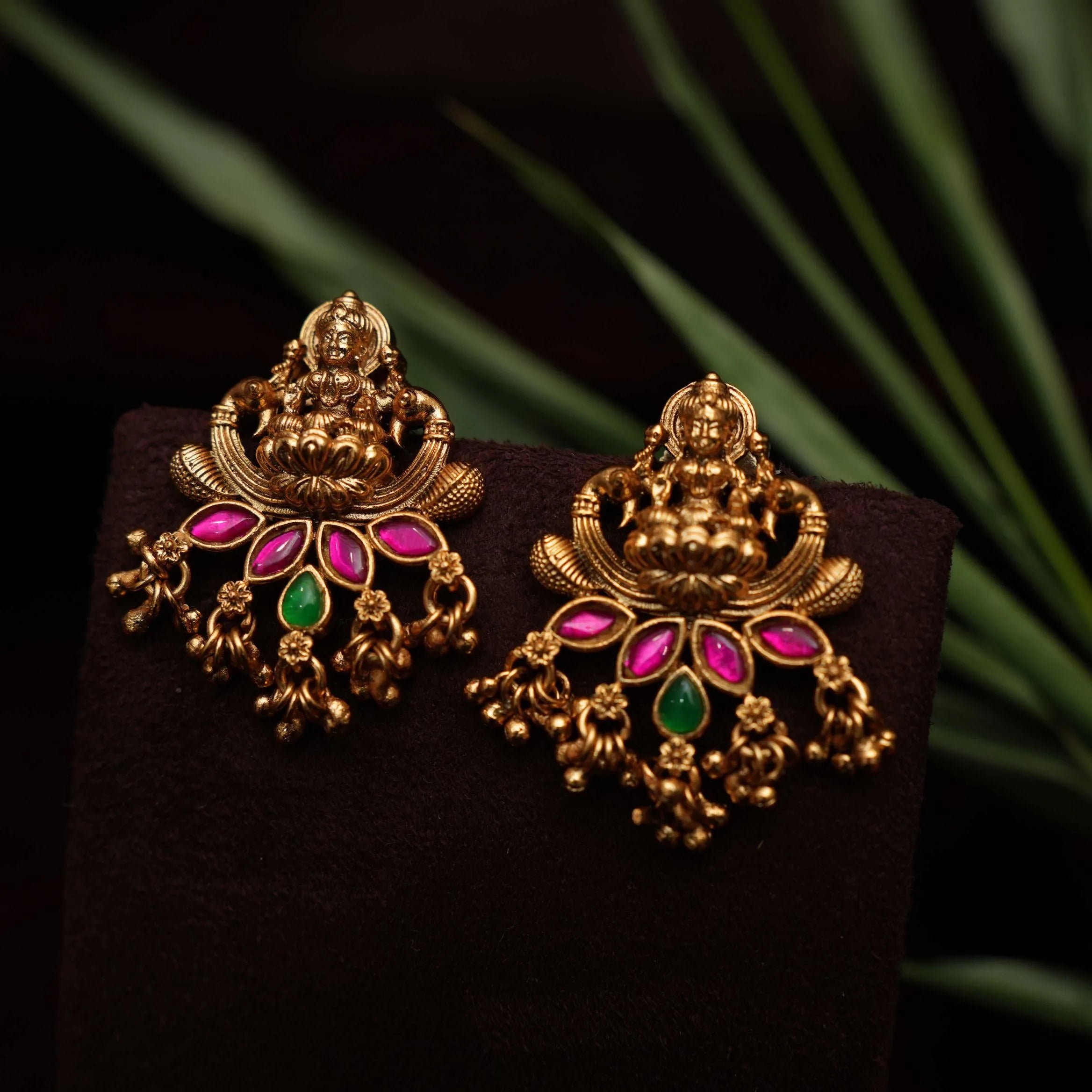 Mohana Antique Ear Stud - Reddish Pink & Green