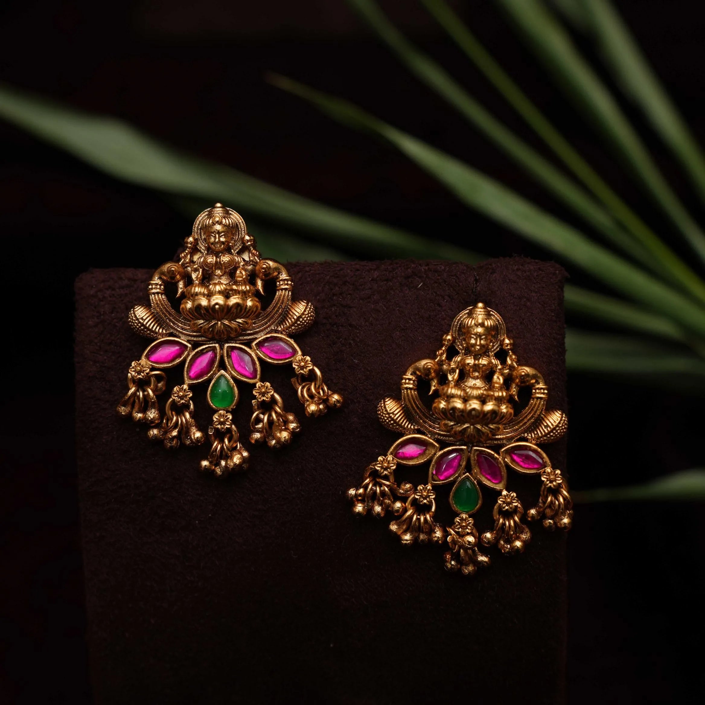 Mohana Antique Ear Stud - Reddish Pink & Green