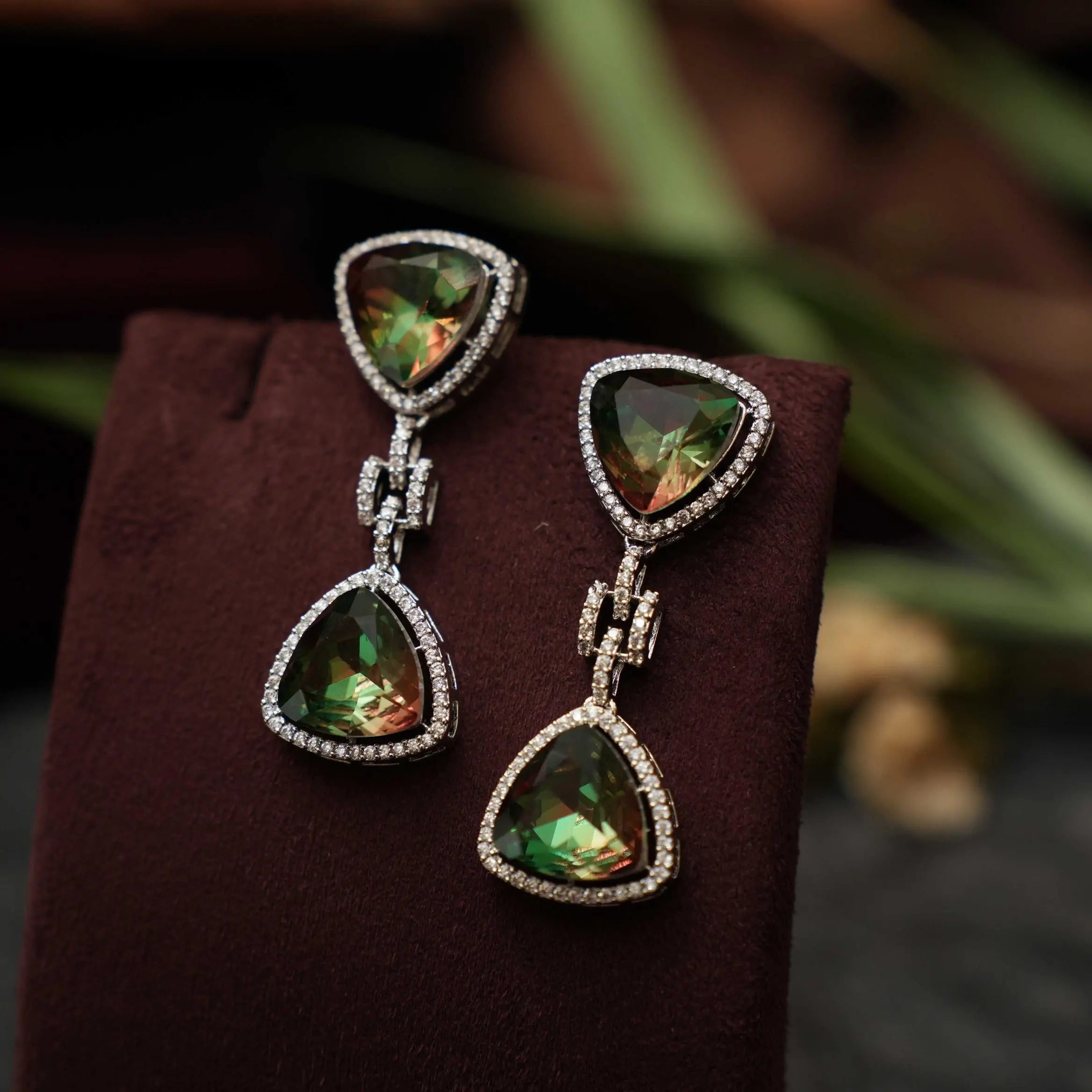 Moshika Zircon Earrings - Olive Green