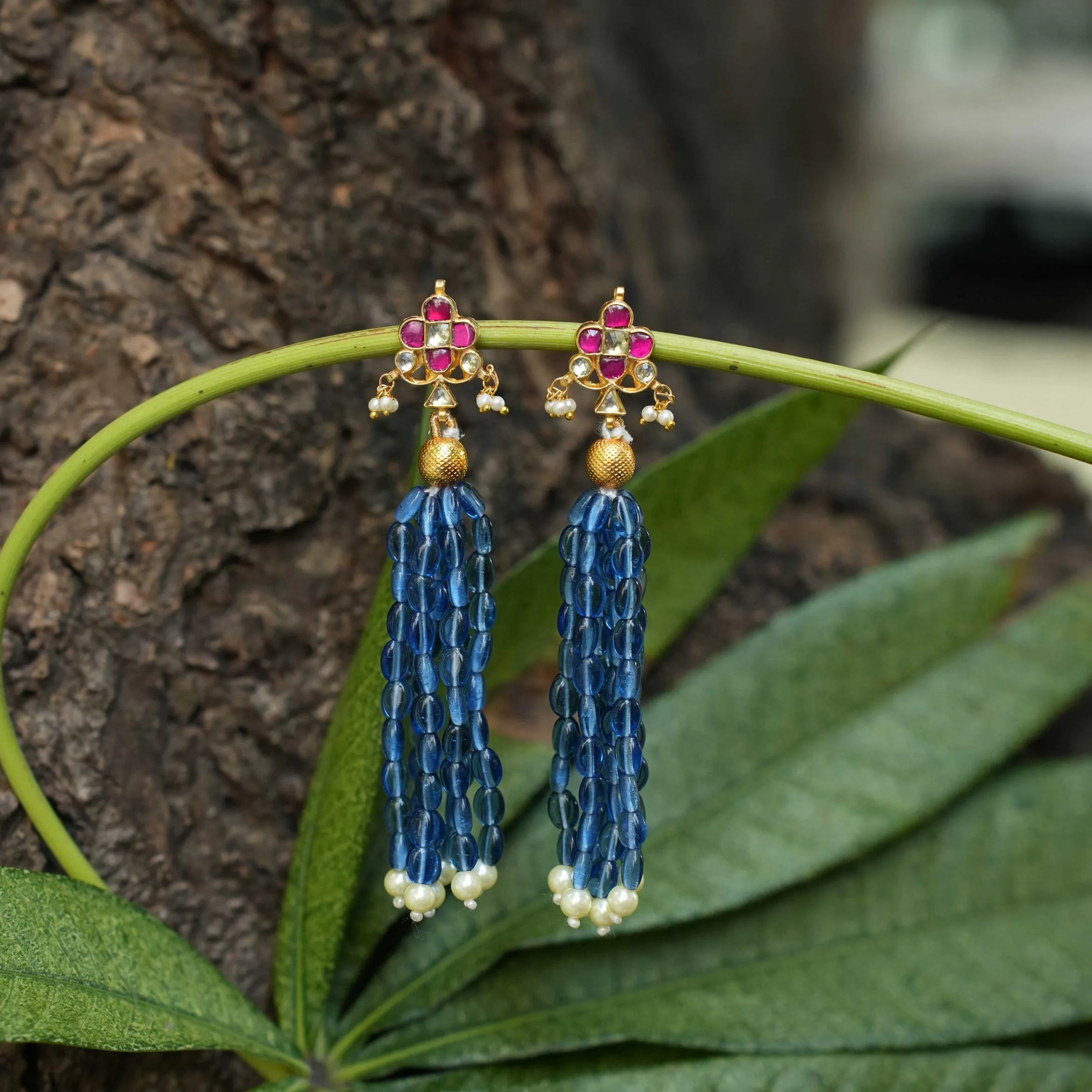 Mridhula Polki Designer Earrings - Blue