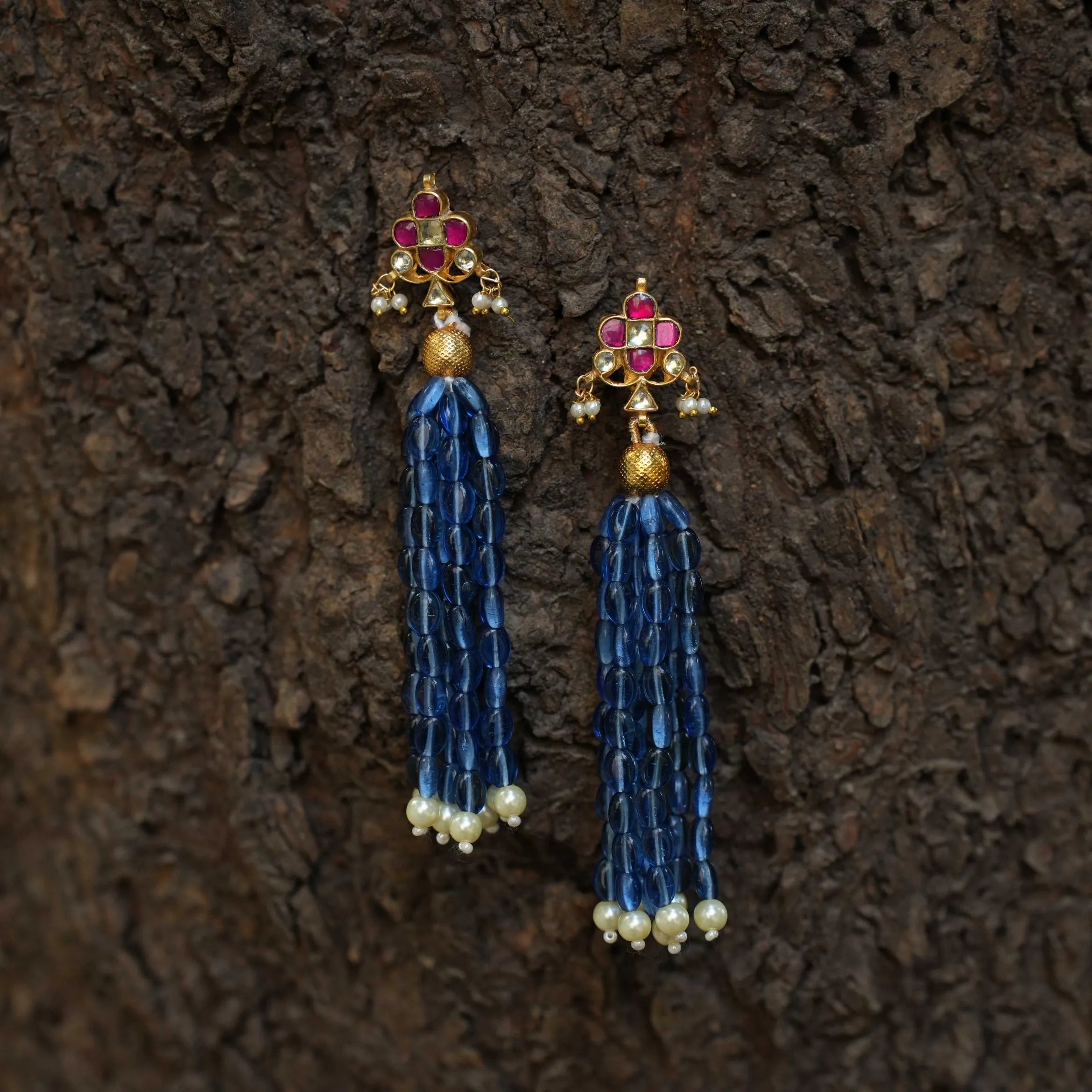 Mridhula Polki Designer Earrings - Blue