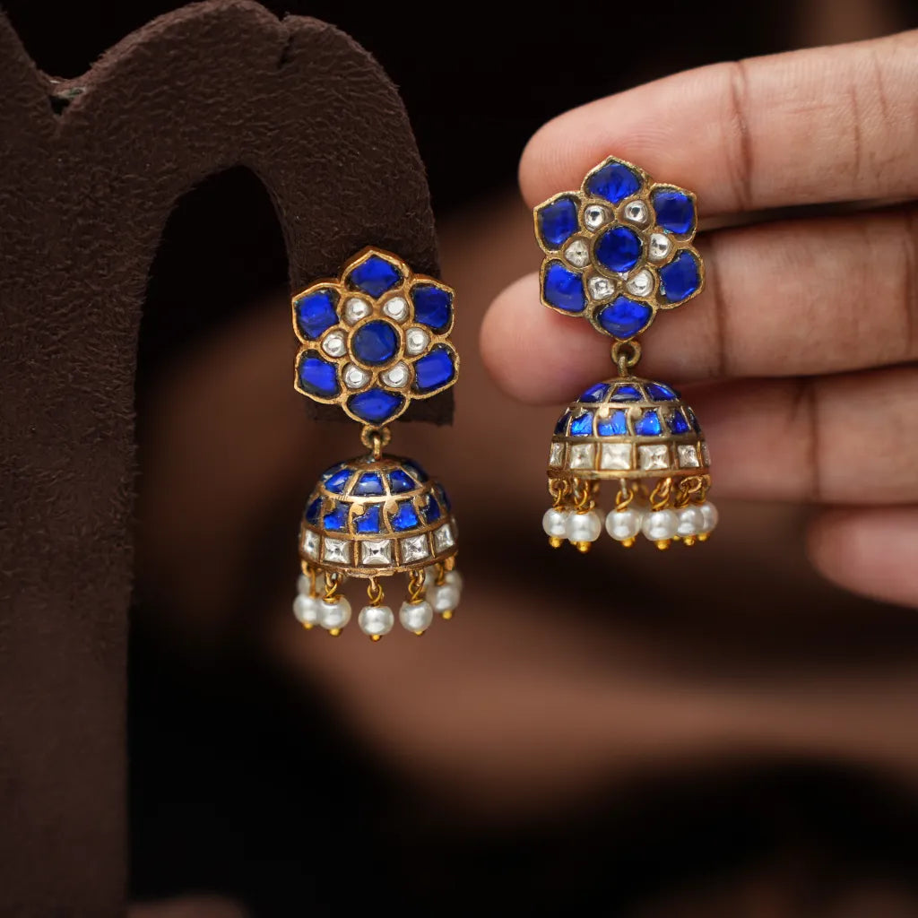 Navina Mini Polki Jhumka Earrings  - Blue Pearl