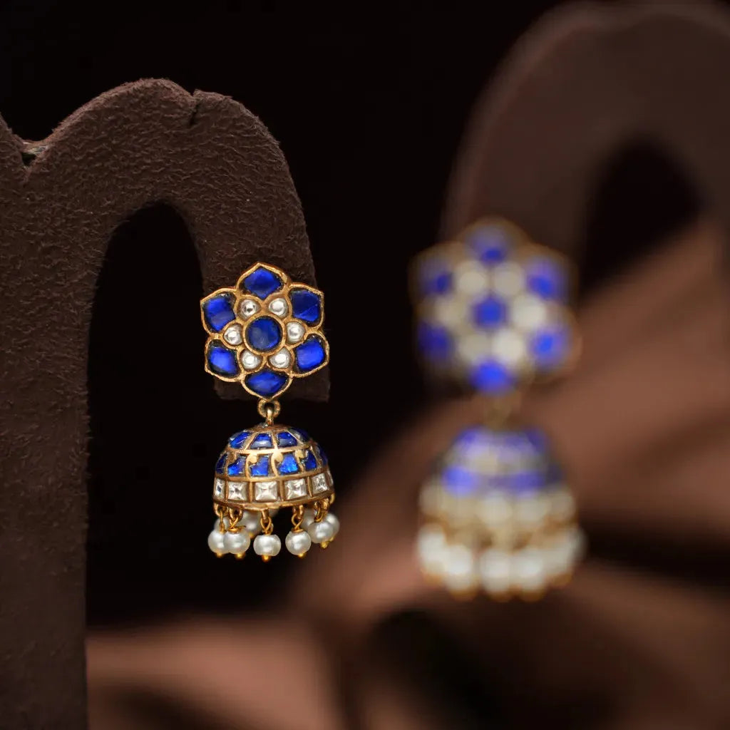 Navina Mini Polki Jhumka Earrings  - Blue Pearl