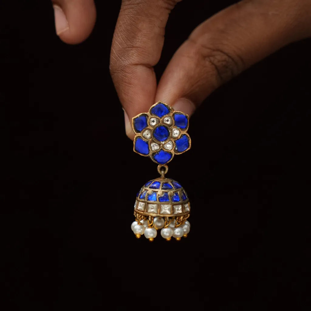 Navina Mini Polki Jhumka Earrings  - Blue Pearl