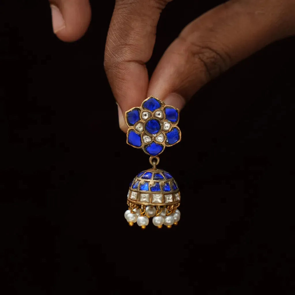 Navina Mini Polki Jhumka Earrings  - Blue Pearl