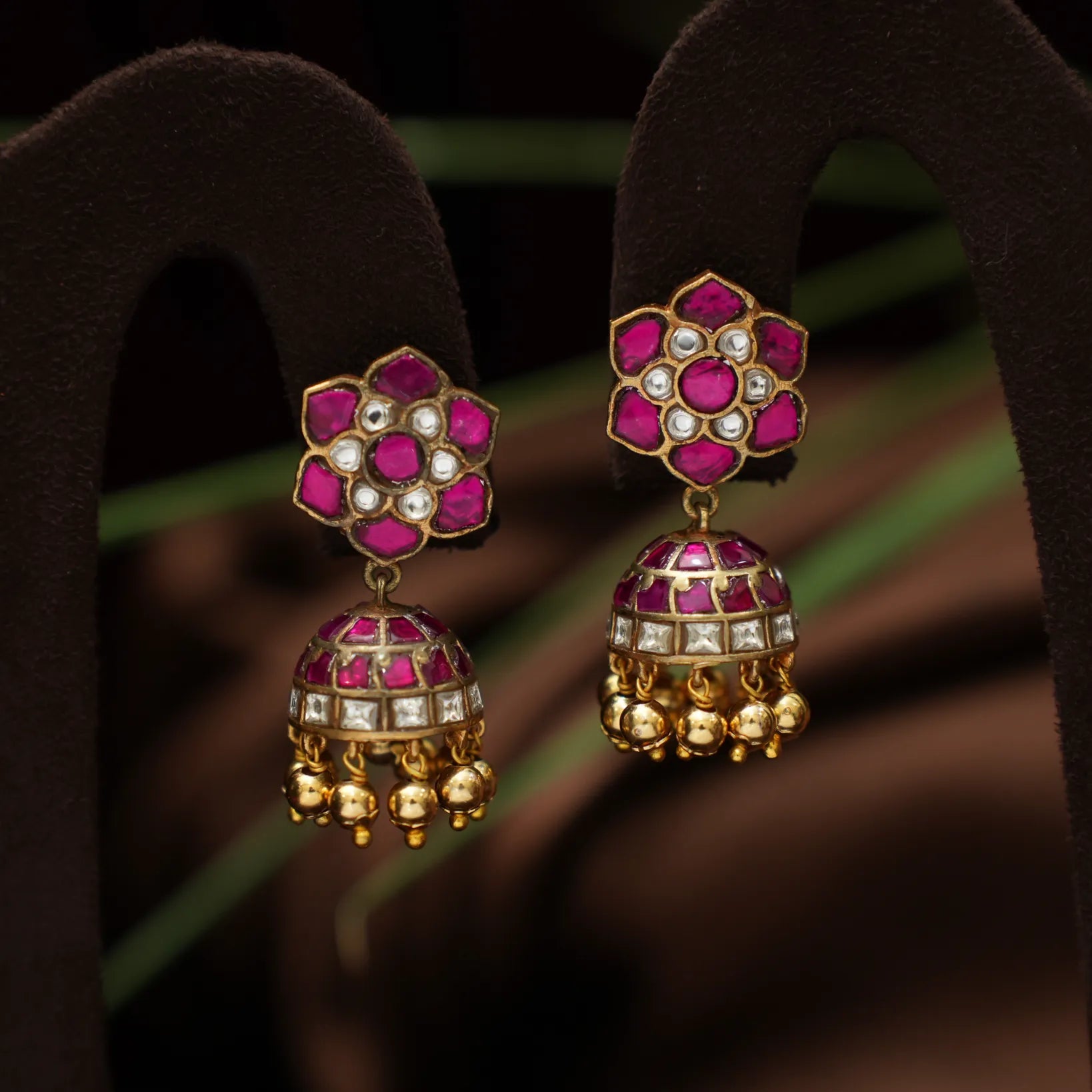 Navina Mini Polki Jhumka Earrings - Reddish Pink