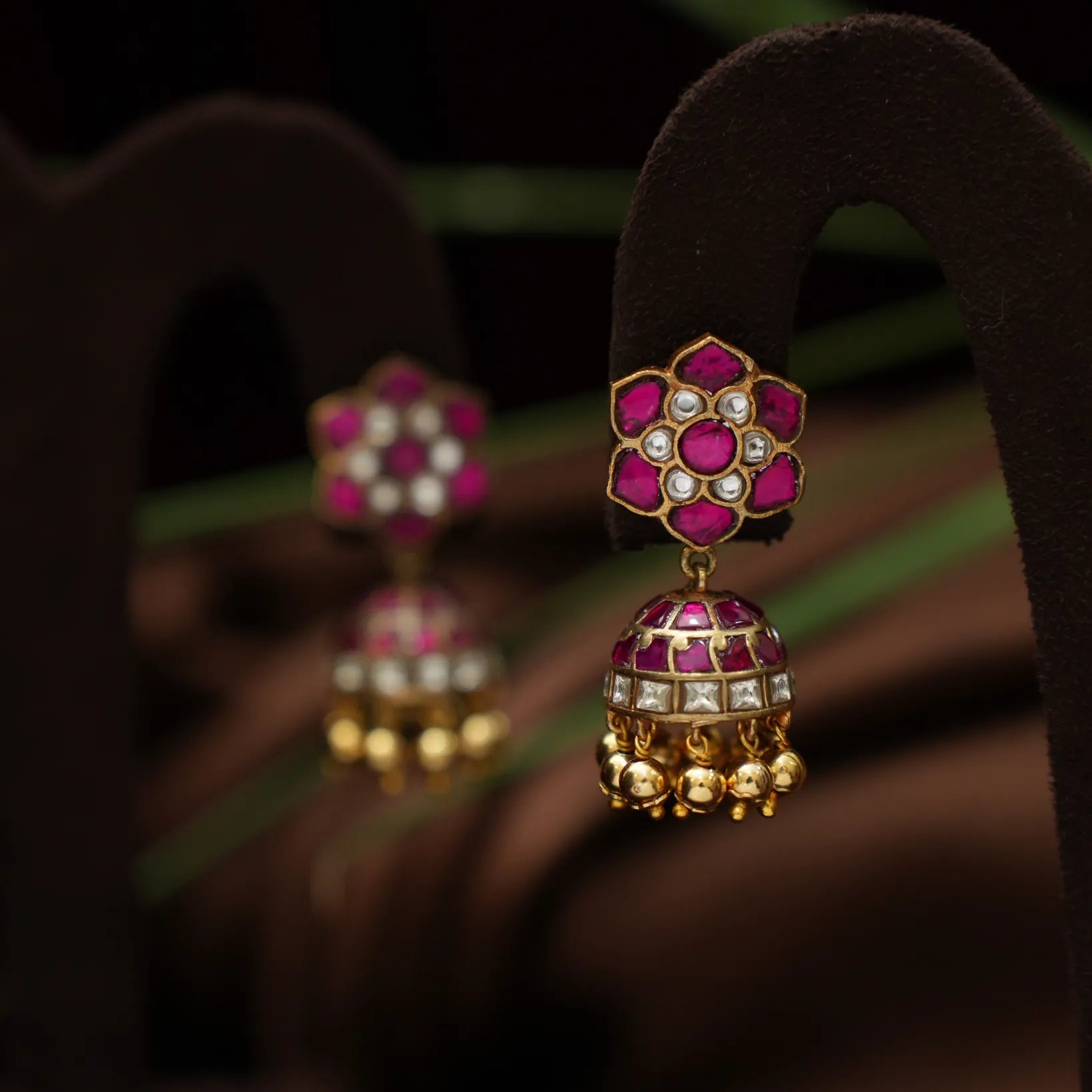 Navina Mini Polki Jhumka Earrings - Reddish Pink