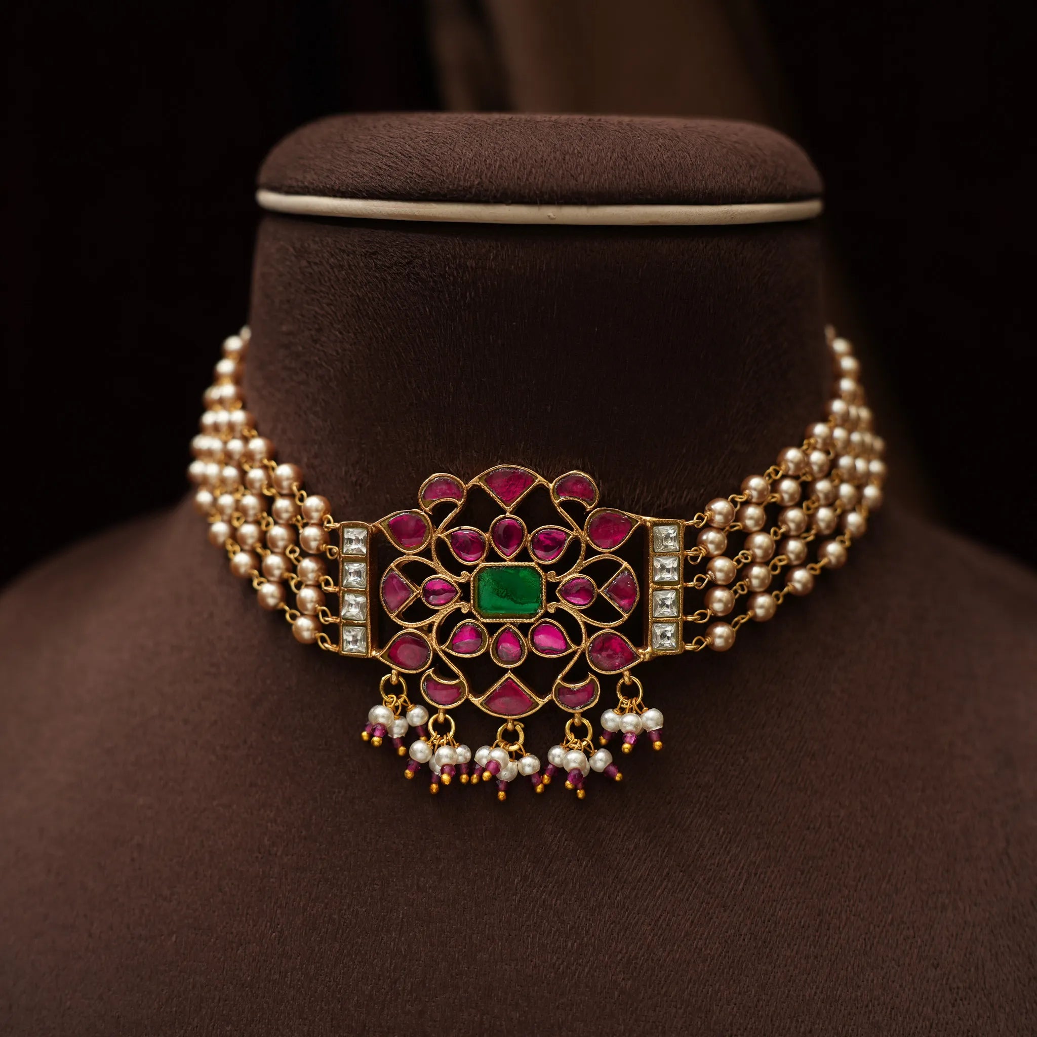 Nirmala Pearl Polki Choker - Red & Green