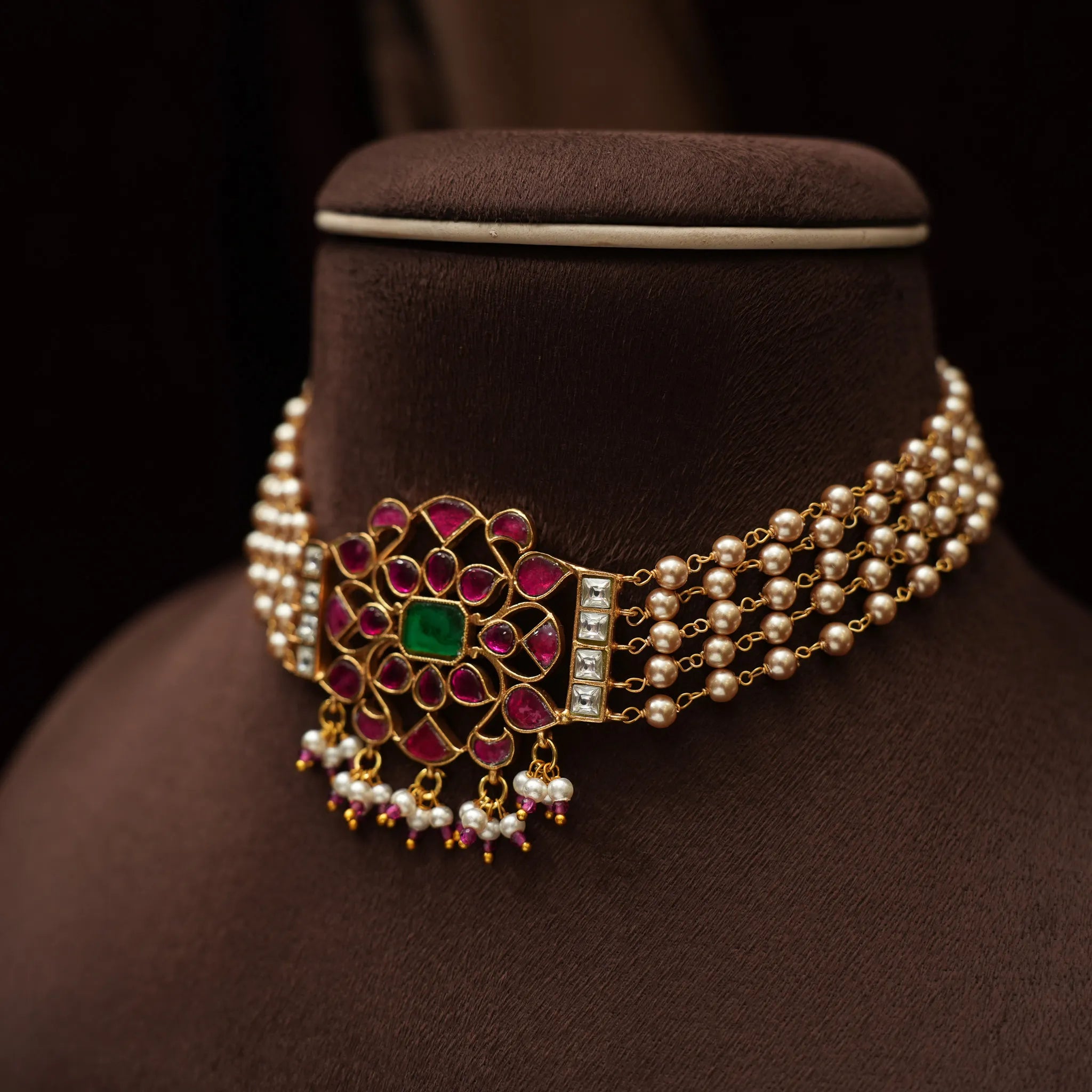 Nirmala Pearl Polki Choker - Red & Green