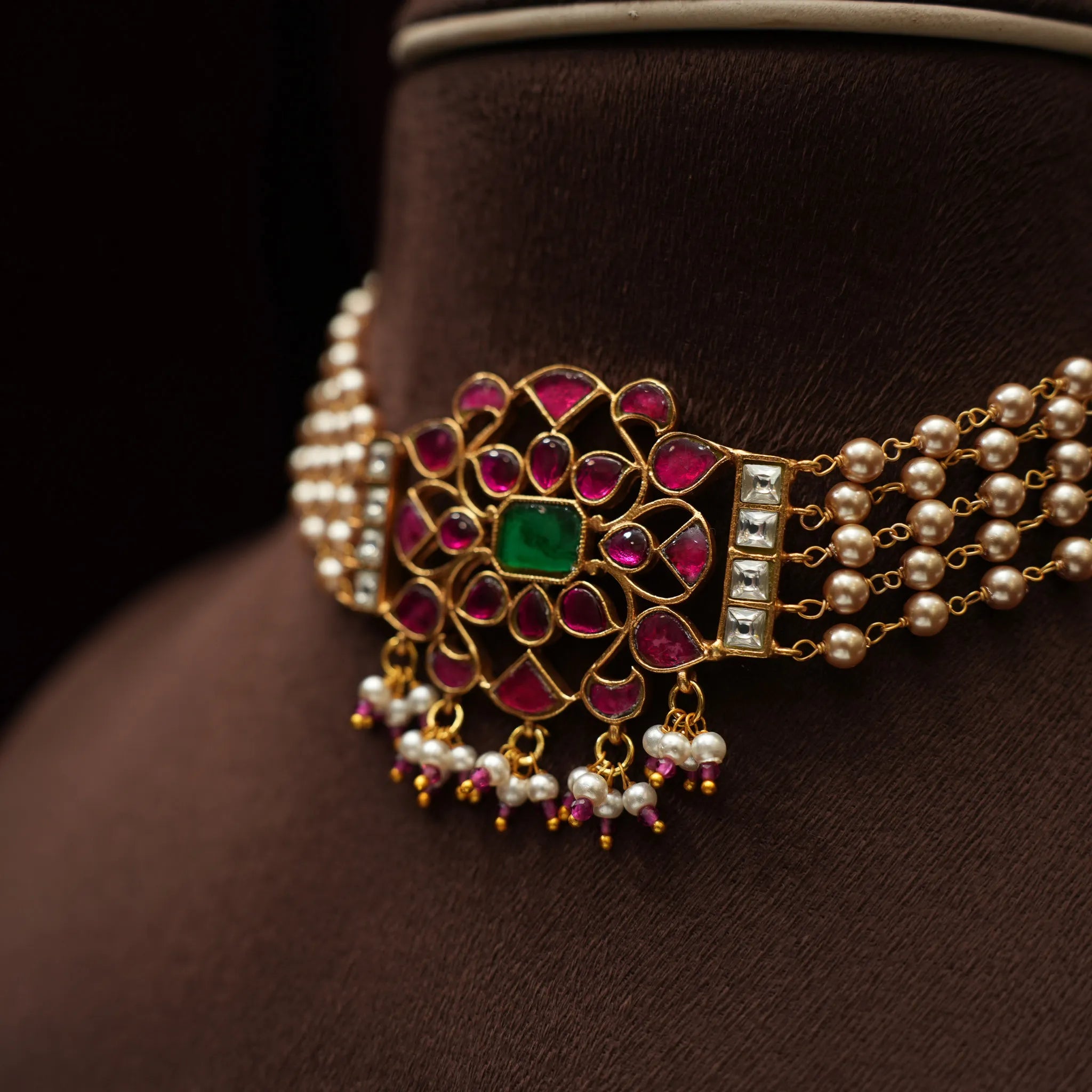 Nirmala Pearl Polki Choker - Red & Green