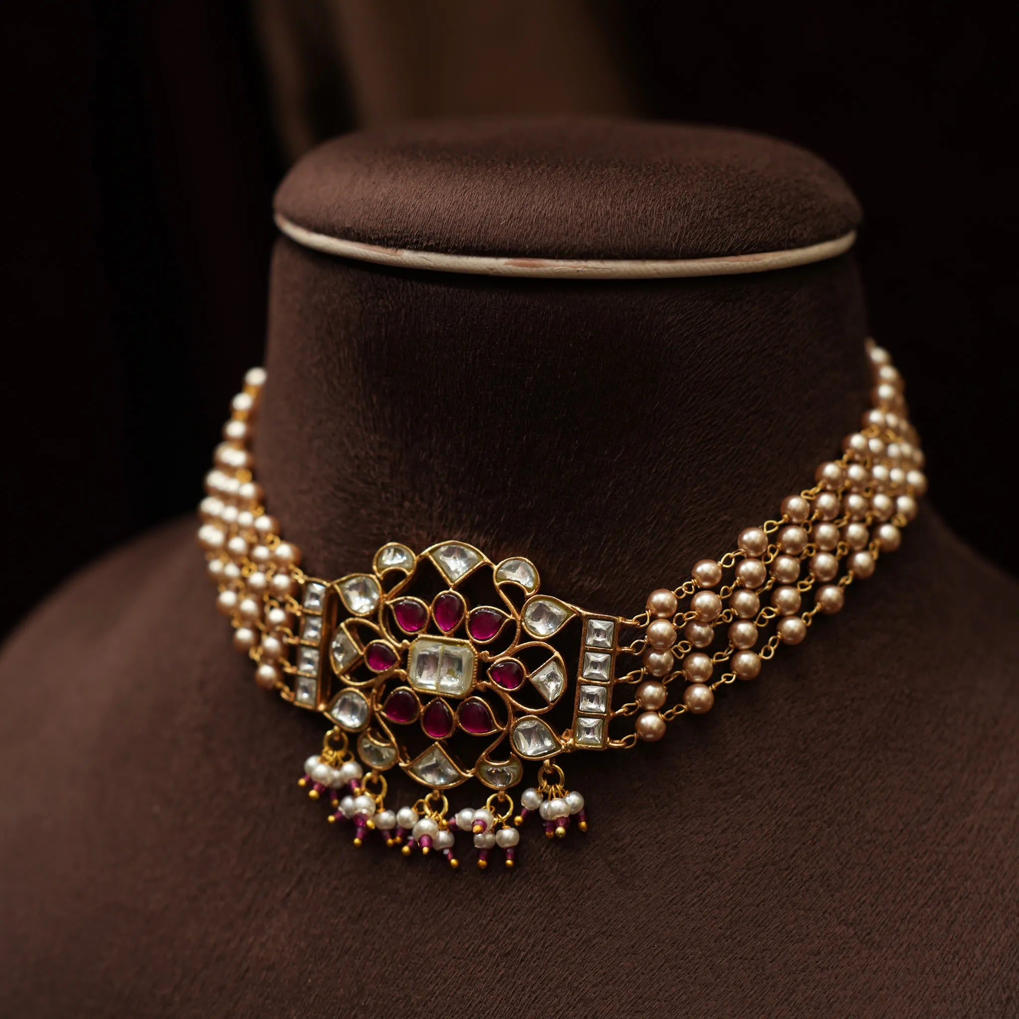 Nirmala Pearl Polki Choker - Red & White