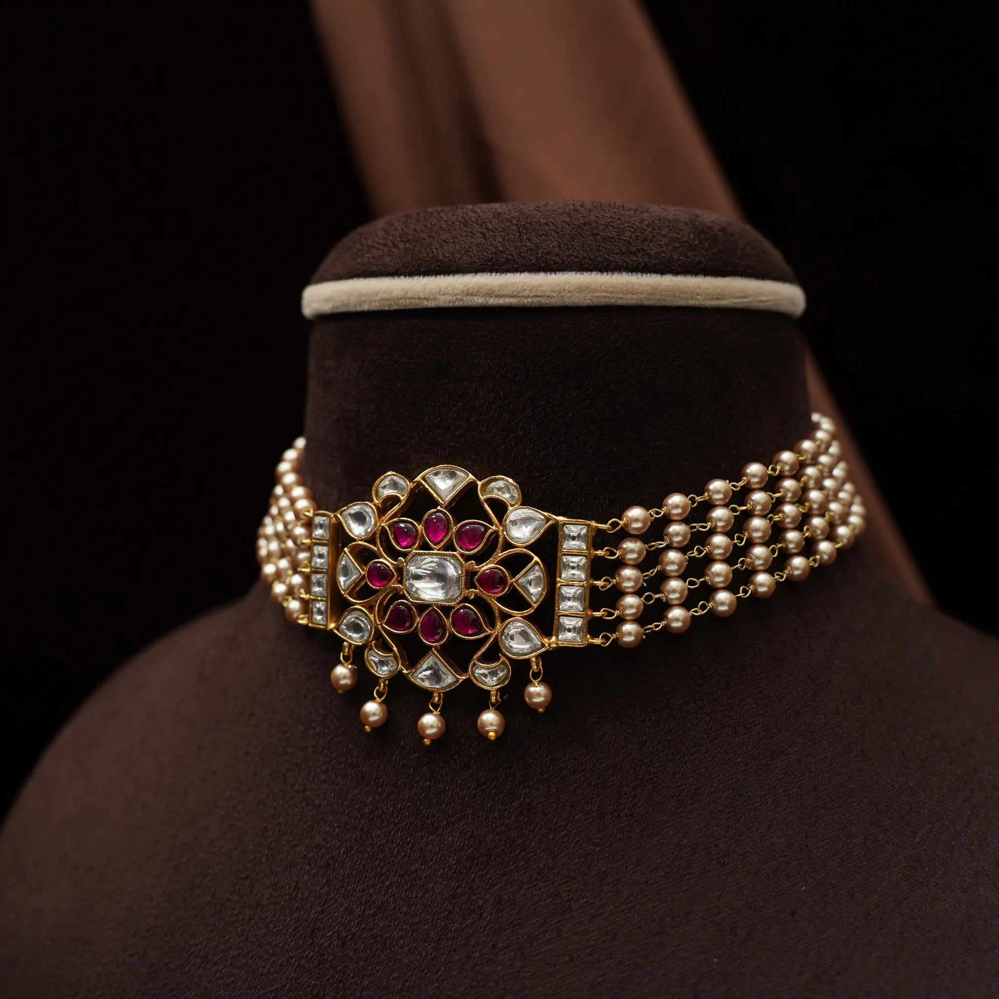 Nirmala Beaded Polki Choker - Red & White