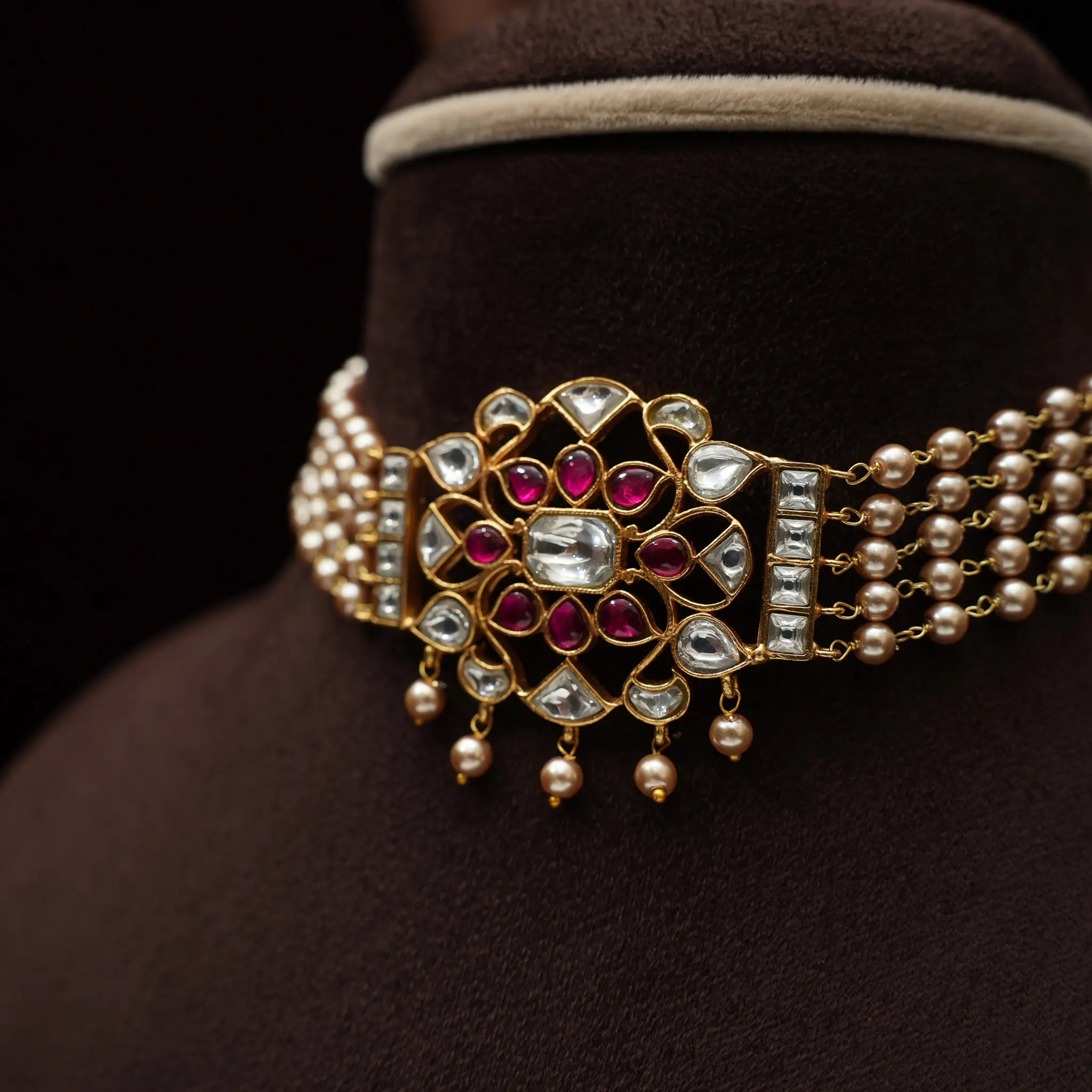 Nirmala Beaded Polki Choker - Red & White