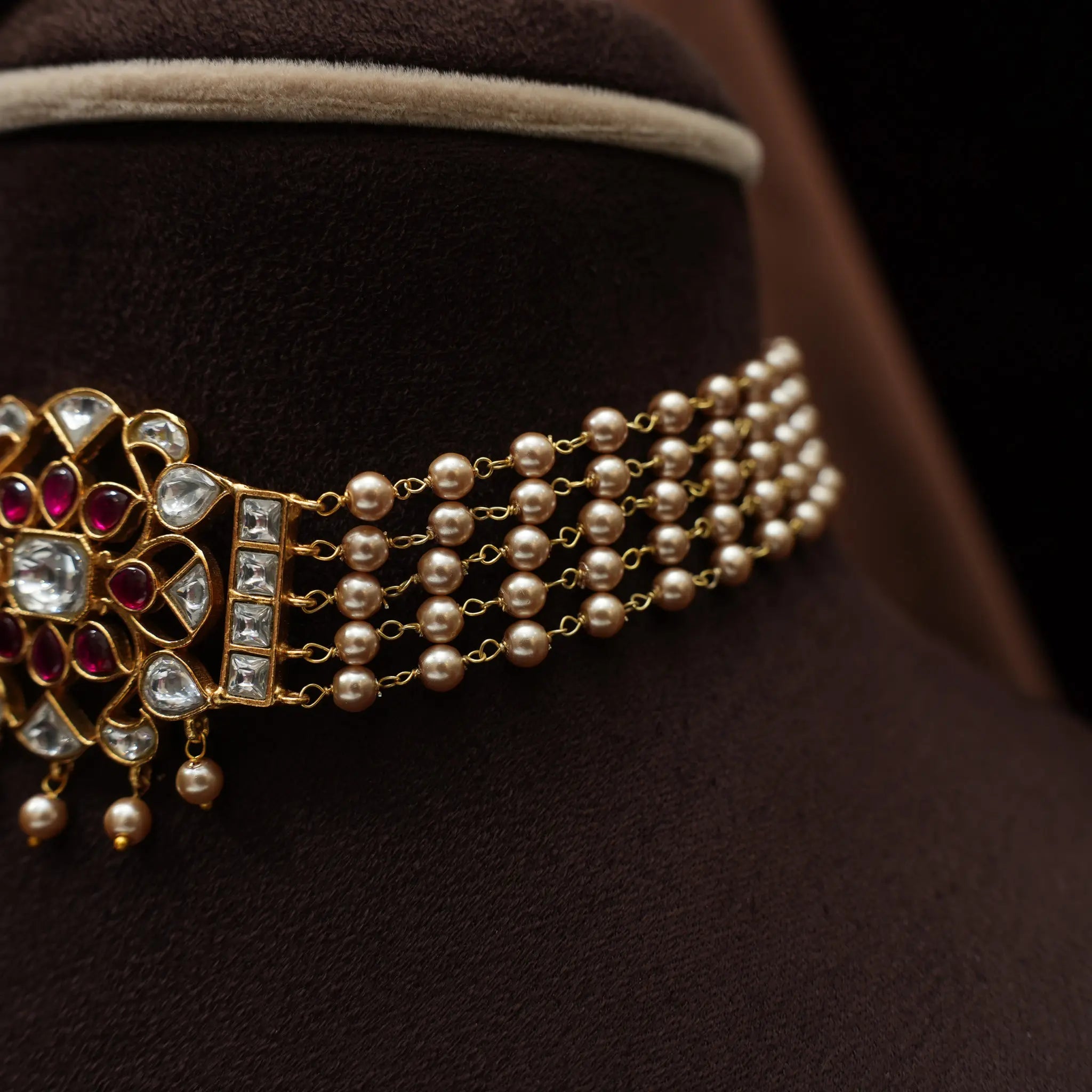 Nirmala Beaded Polki Choker - Red & White