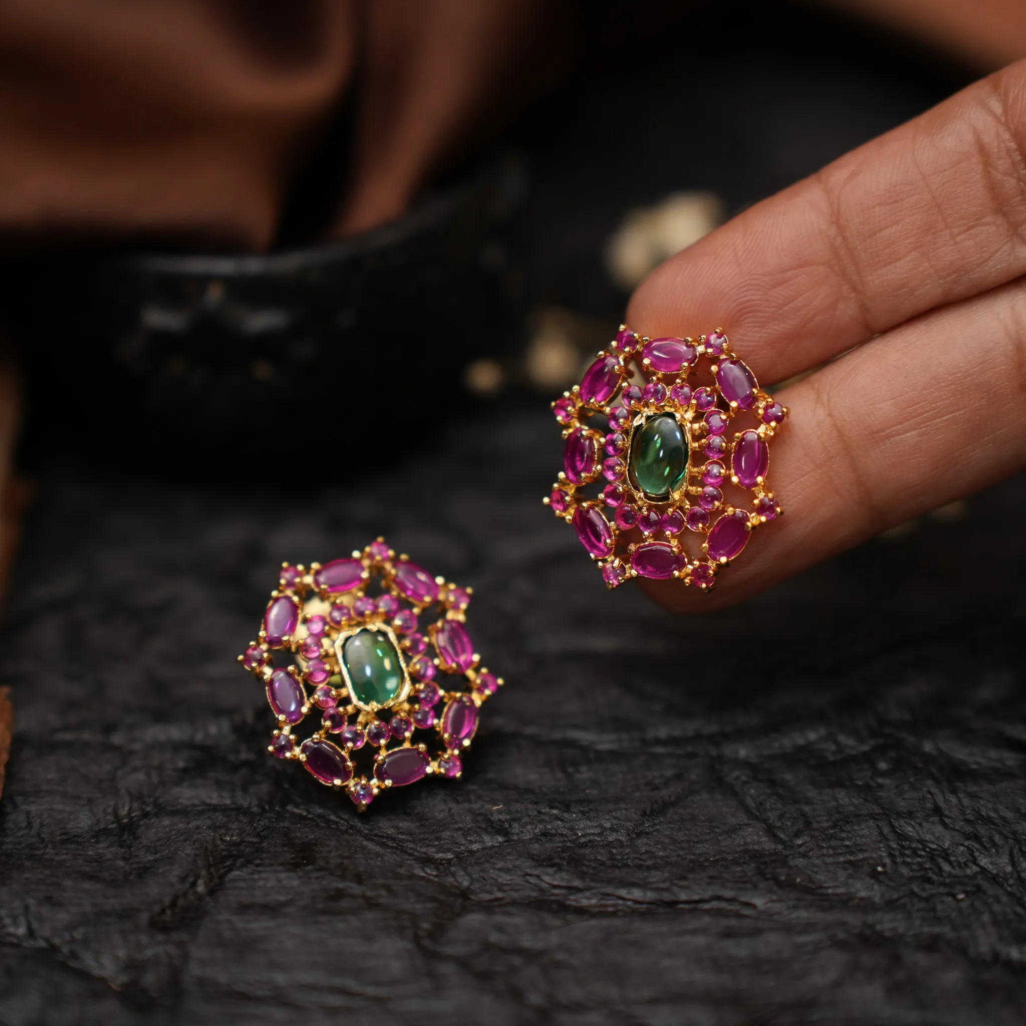 Nisha Antique Ear Stud - Pink & Green