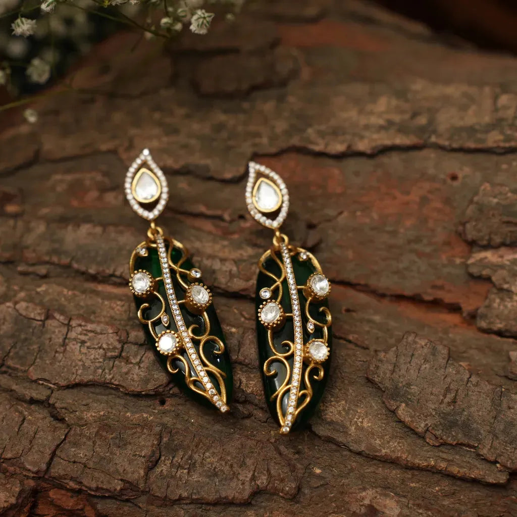 Nitara Polki Desinger Earrings - Emerald Green