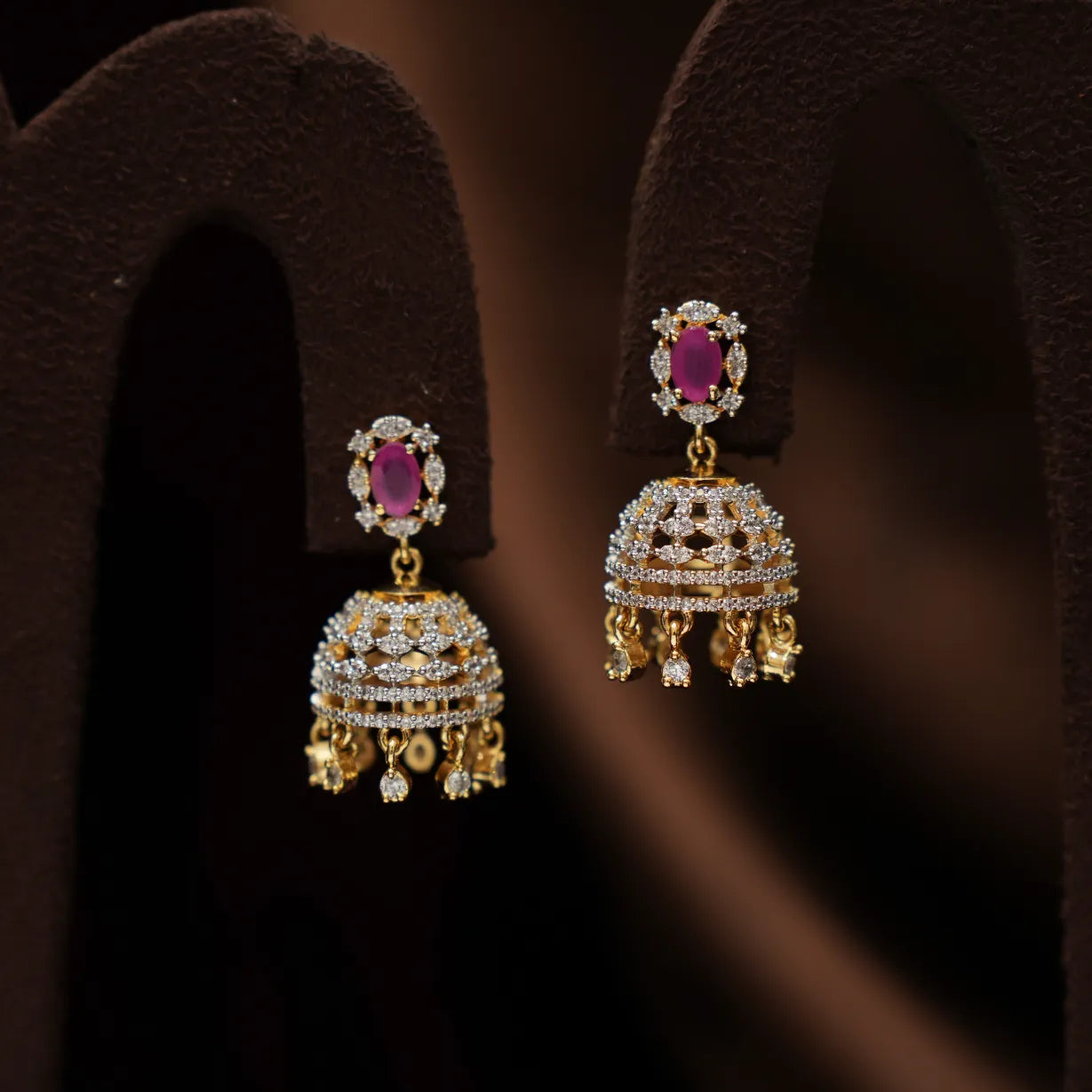Nuva Zircon Jhumka Earrings - Pink