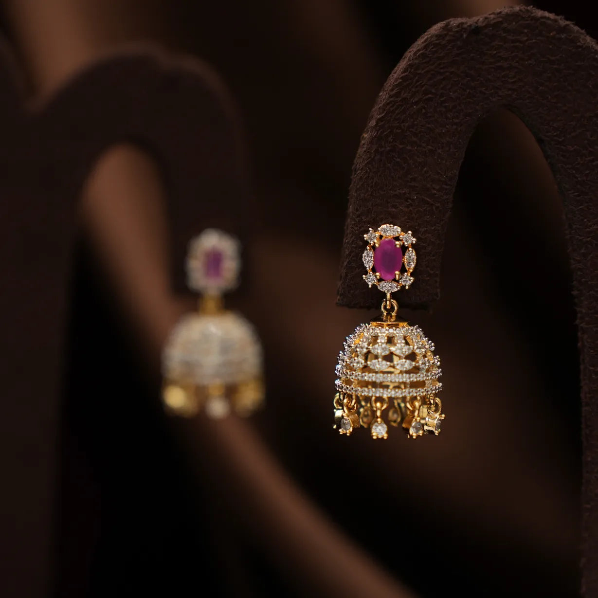 Nuva Zircon Jhumka Earrings - Pink