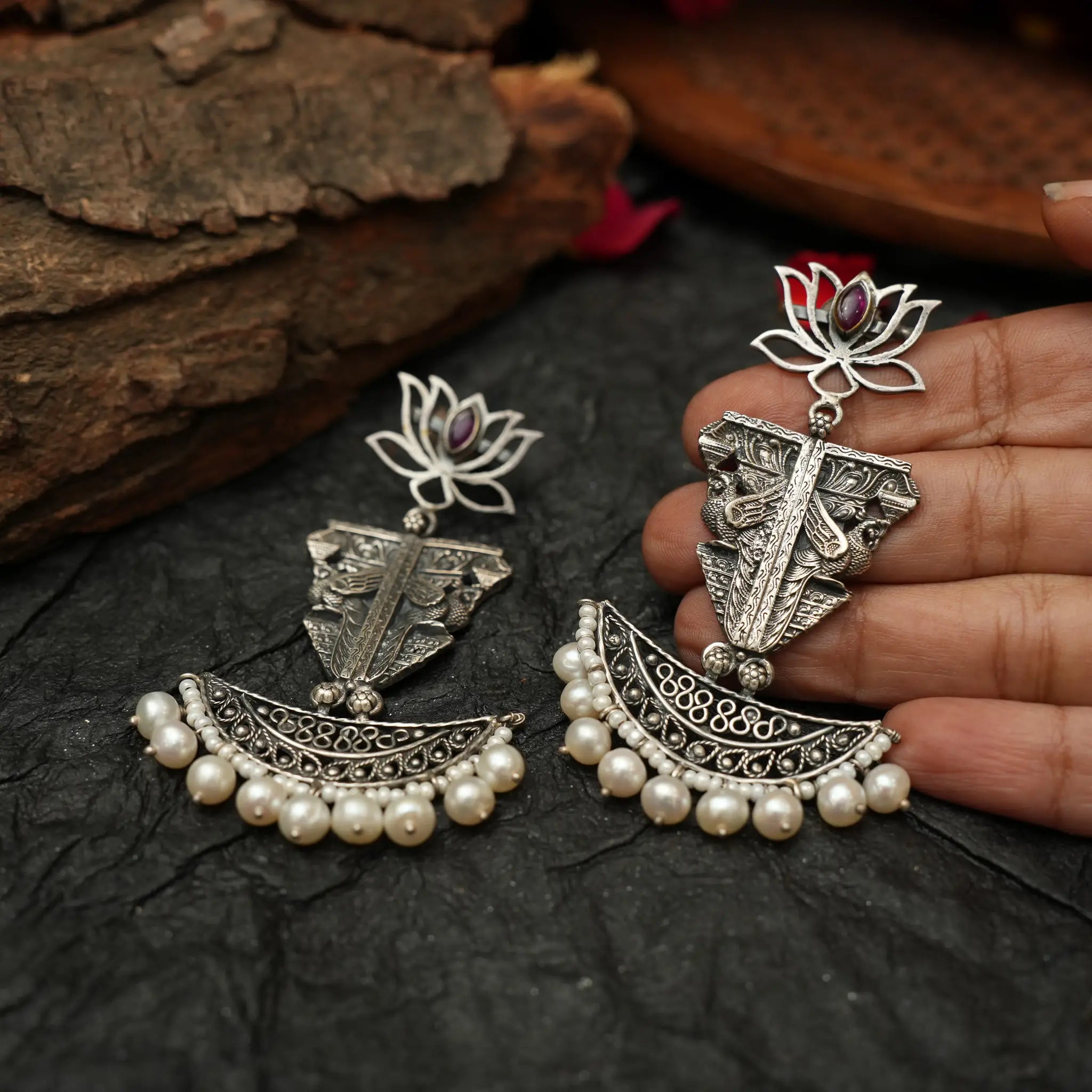 Oxidised Lotus Earring