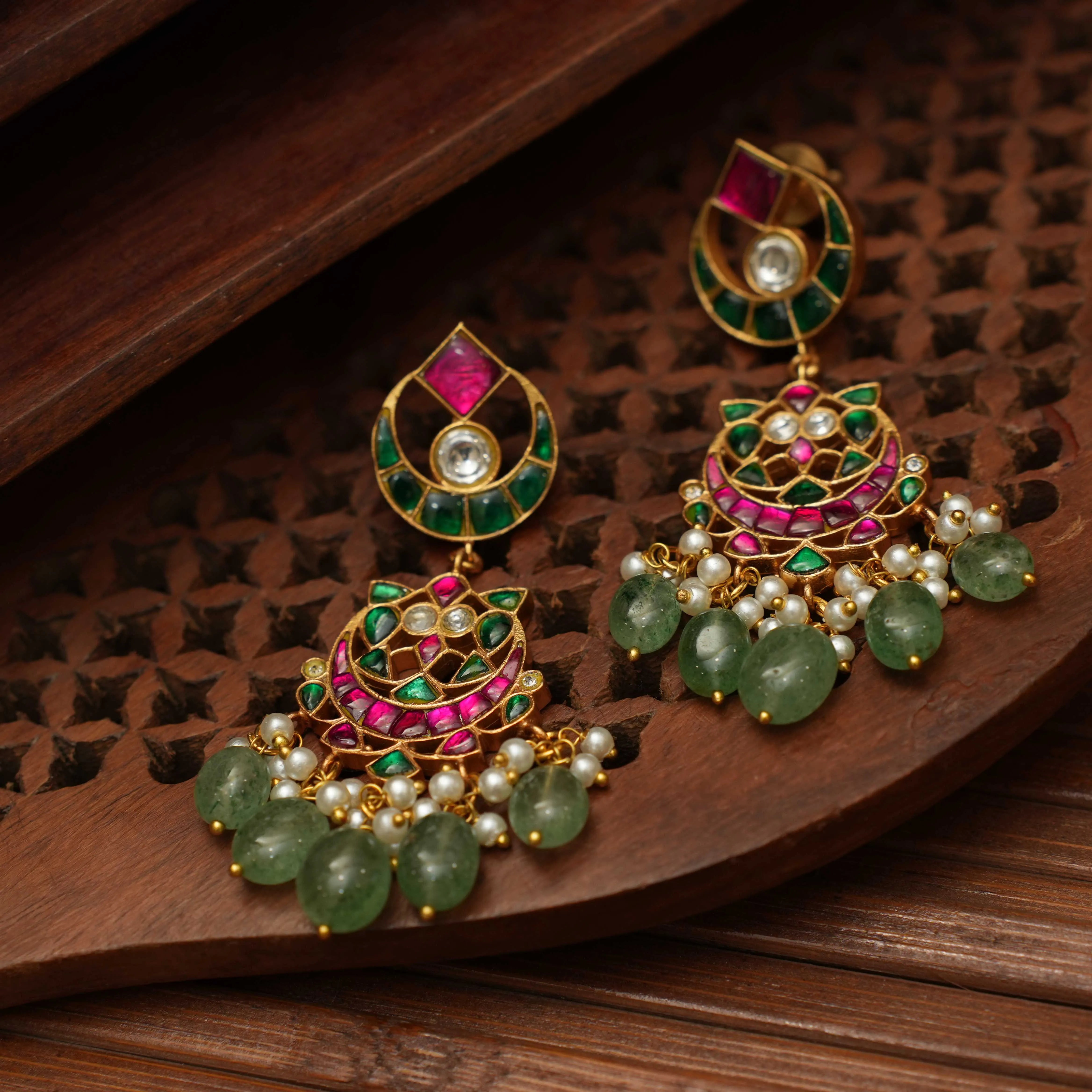 Padma Polki Chandbali Earrings - Green