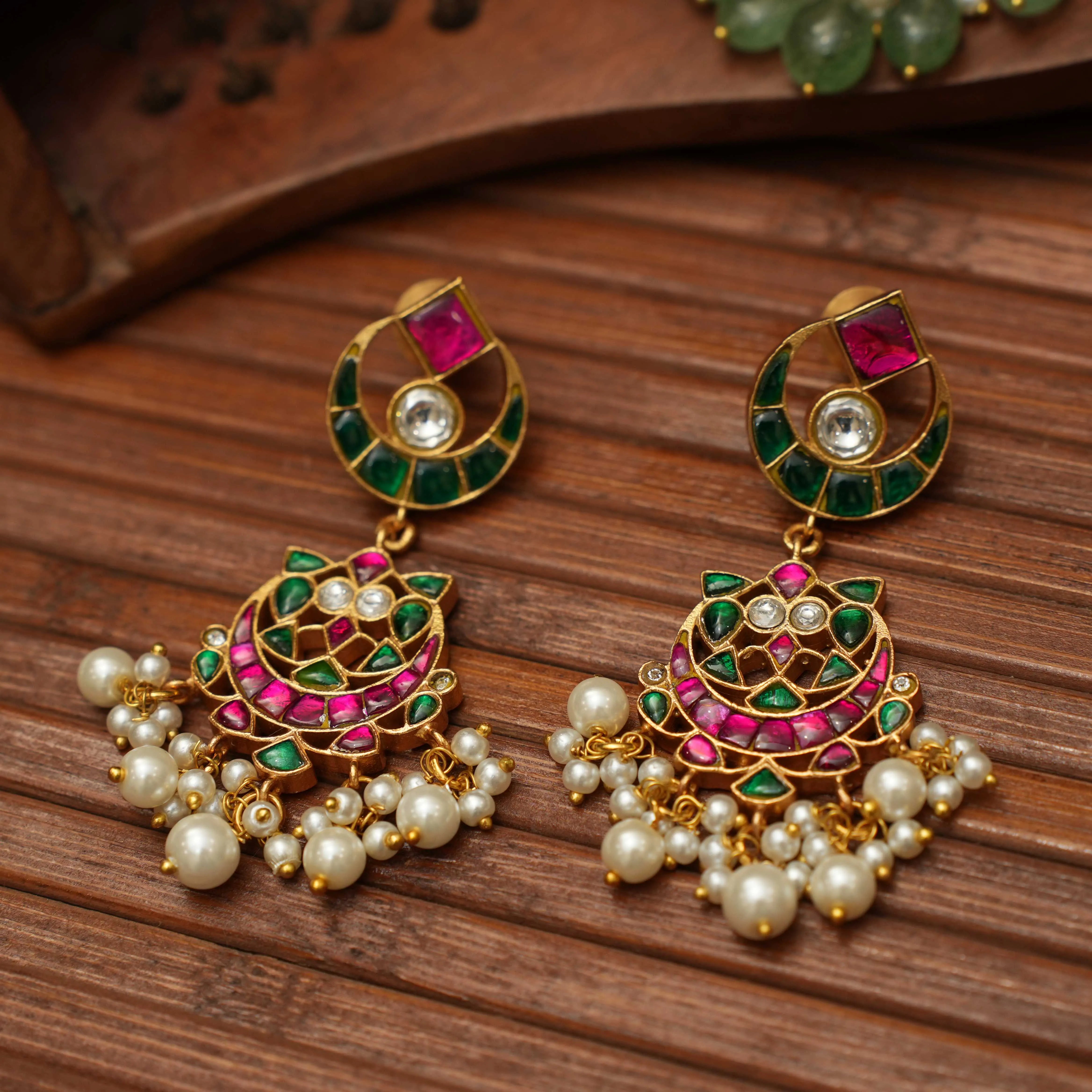 Padma Polki Chandbali Earrings - Pearl