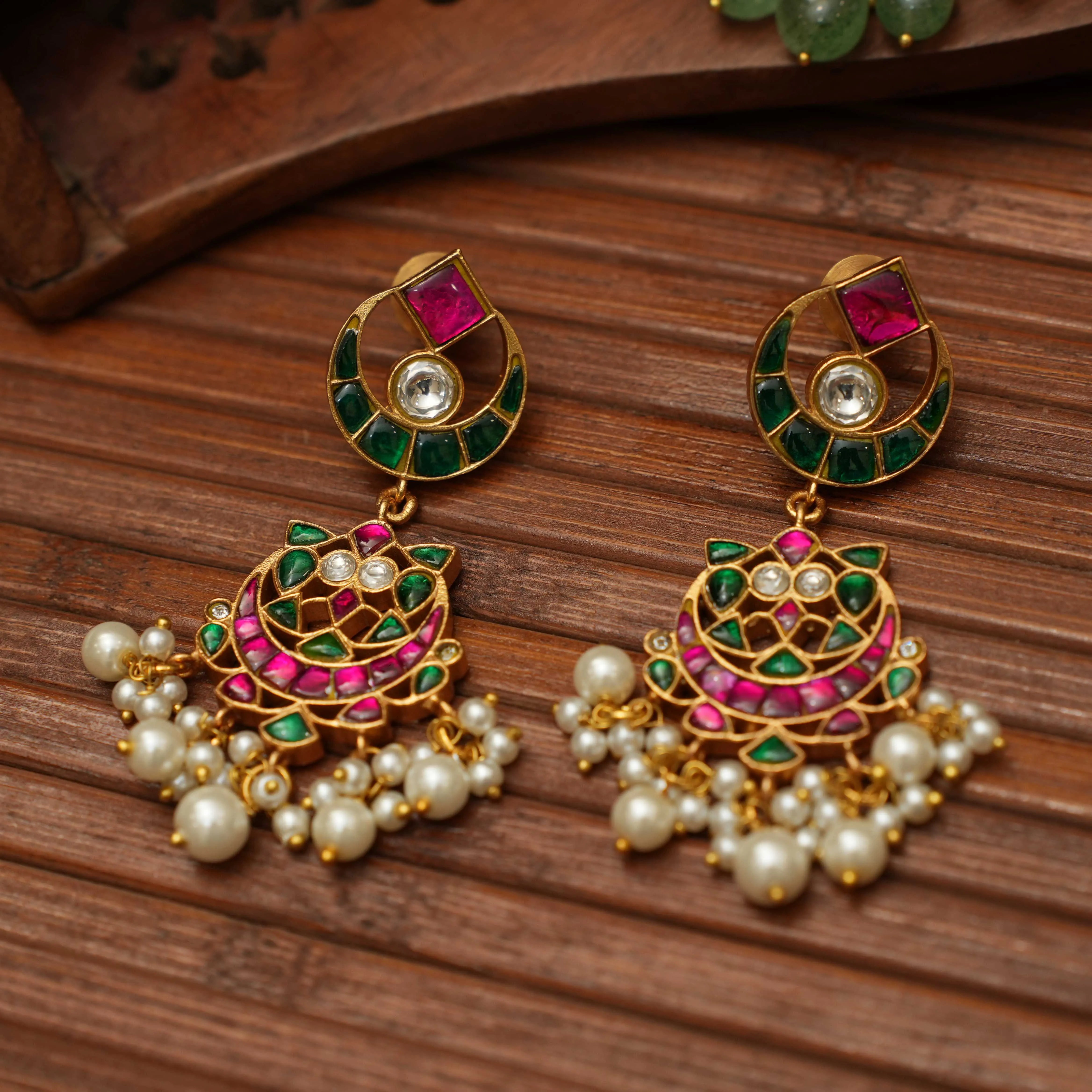 Padma Polki Chandbali Earrings - Pearl