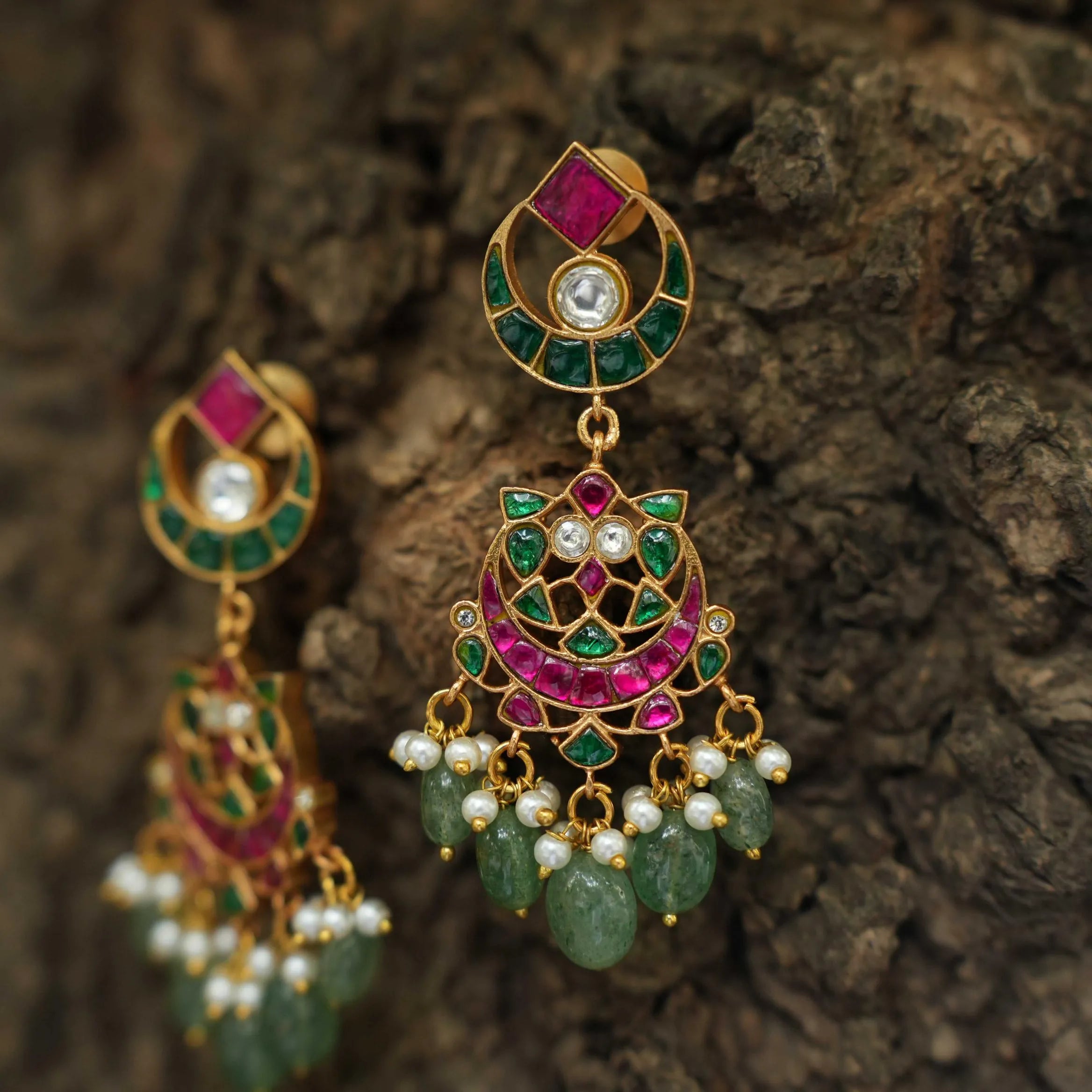 Padma Polki Chandbali Earrings - Green