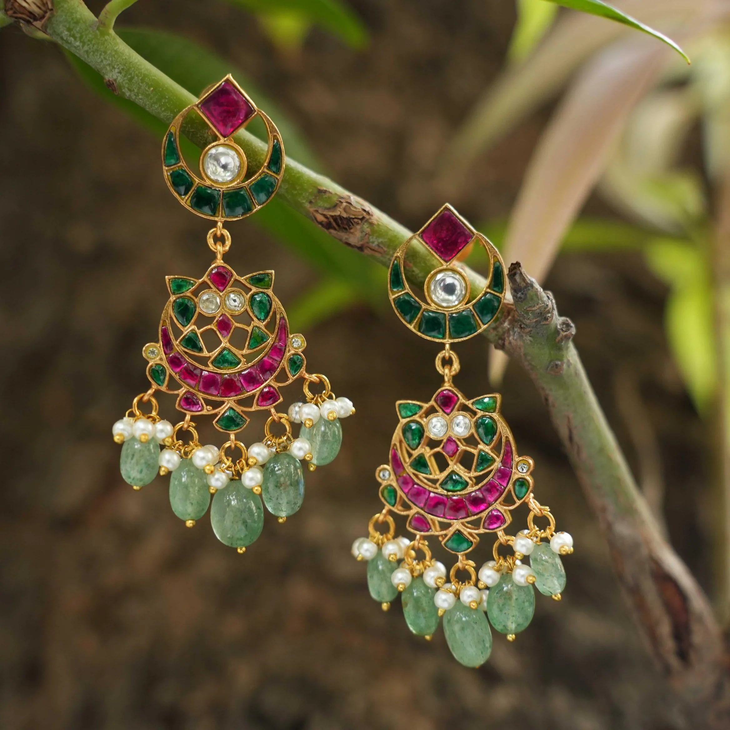 Padma Polki Chandbali Earrings - Green